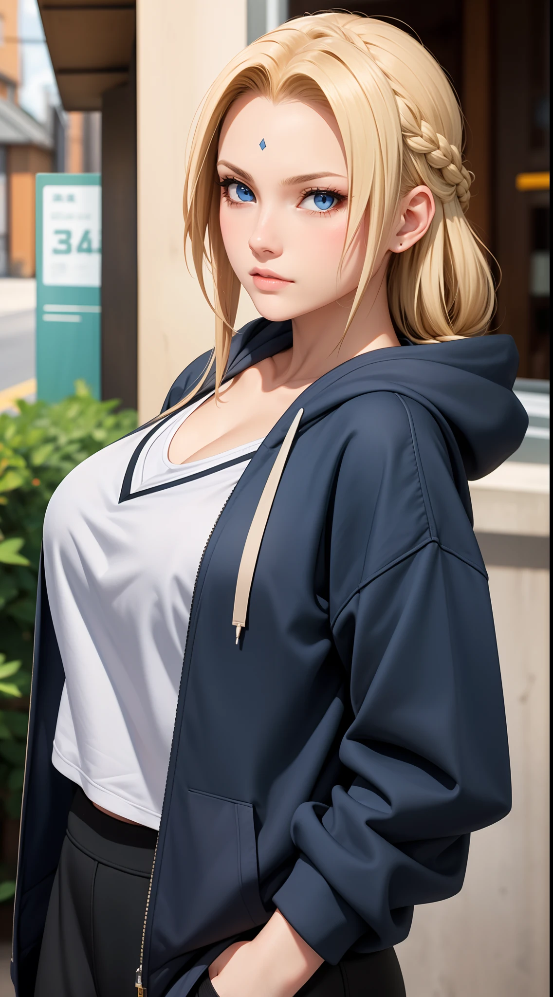 masterpiece, best quality, ultra-detailed, 1girl, upper body,
long hair, blonde hair, french braid, blue eyes, blunt bangs,
Wearing Streetwear Hoodie, stylish,
medium breast, cool attitude
looking at viewer, Tsunade \(shippuden\)