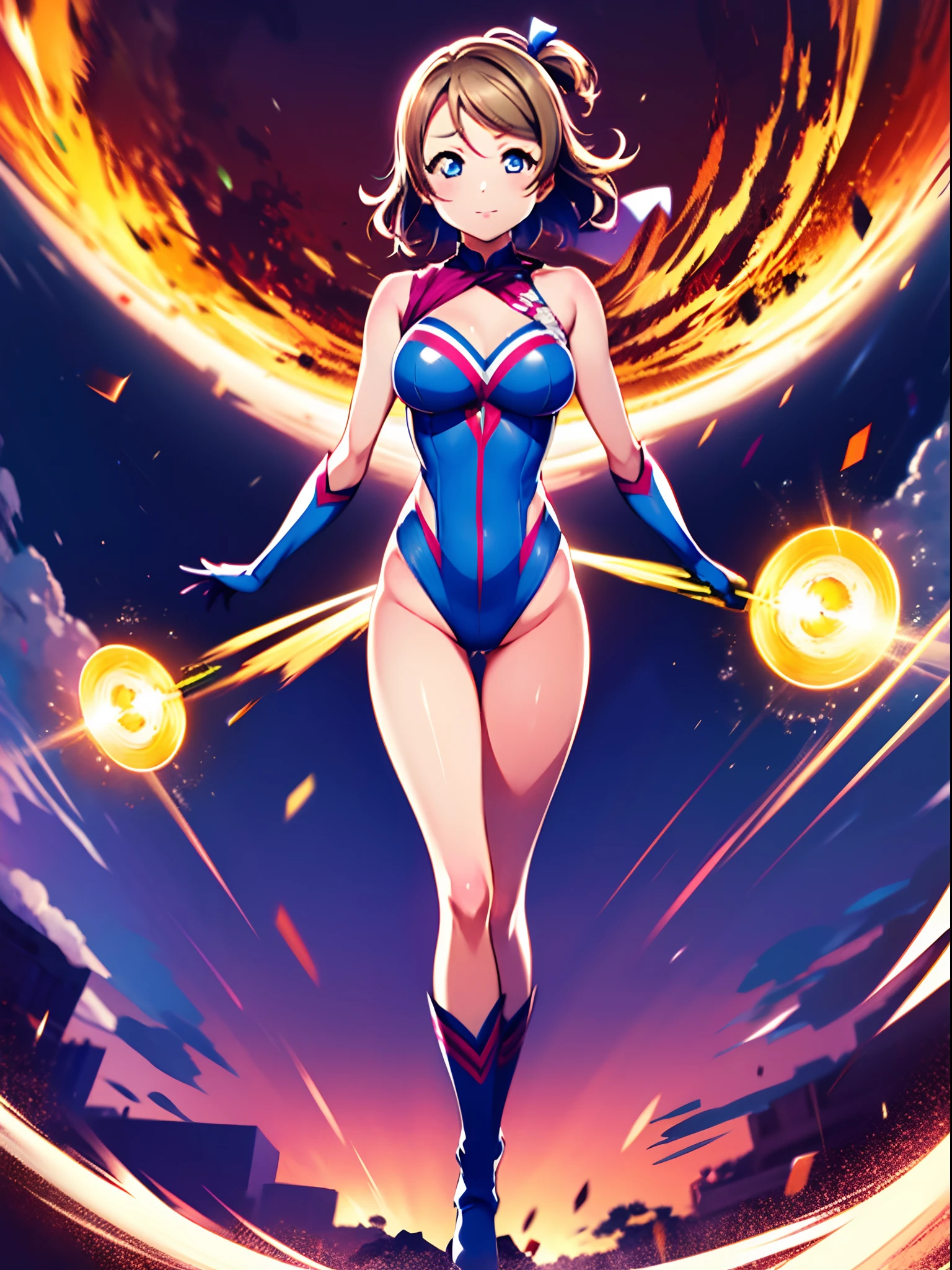 watanabe you, 1girl, leotard, spinning, time travel, super power, superhero, tornado, super tornado, whirlwind, twirling, super speed, bare legs, anime, super spin, standing, detailed, boots, gloves, rapid gyration