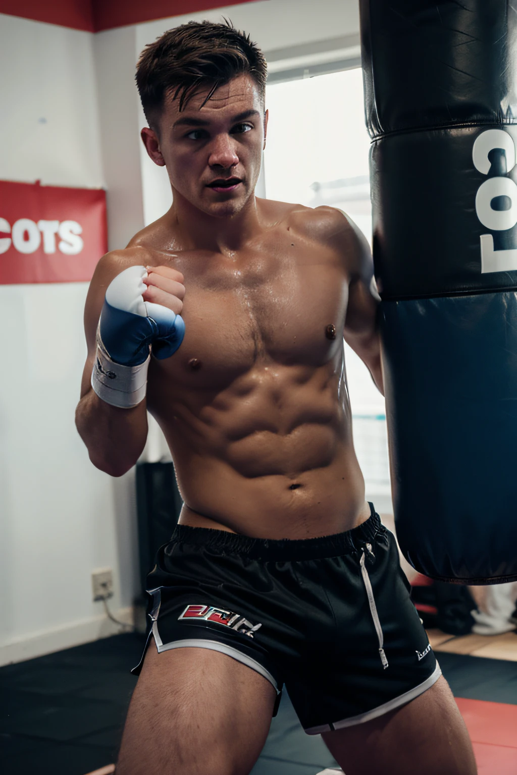 British boxer Will Cawley wearing black compression shorts, blue satin boxing shorts and a white groin guard, punching a punchbag