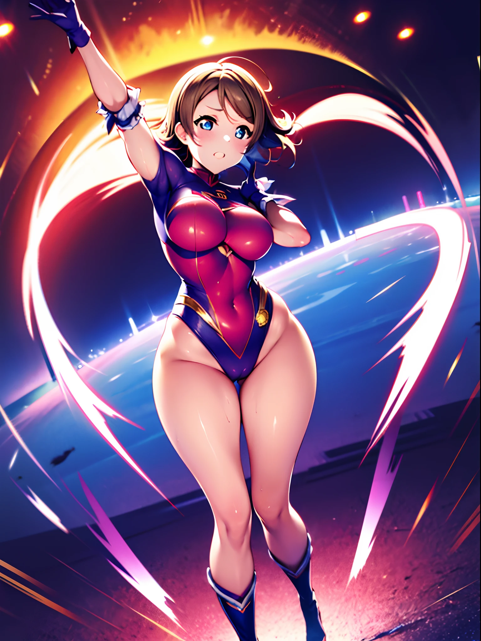 watanabe you, 1girl, leotard, spinning, time travel, super power, superhero, tornado, super tornado, whirlwind, twirling, super speed, bare legs, anime, super spin, standing, detailed, boots, gloves, rapid gyration