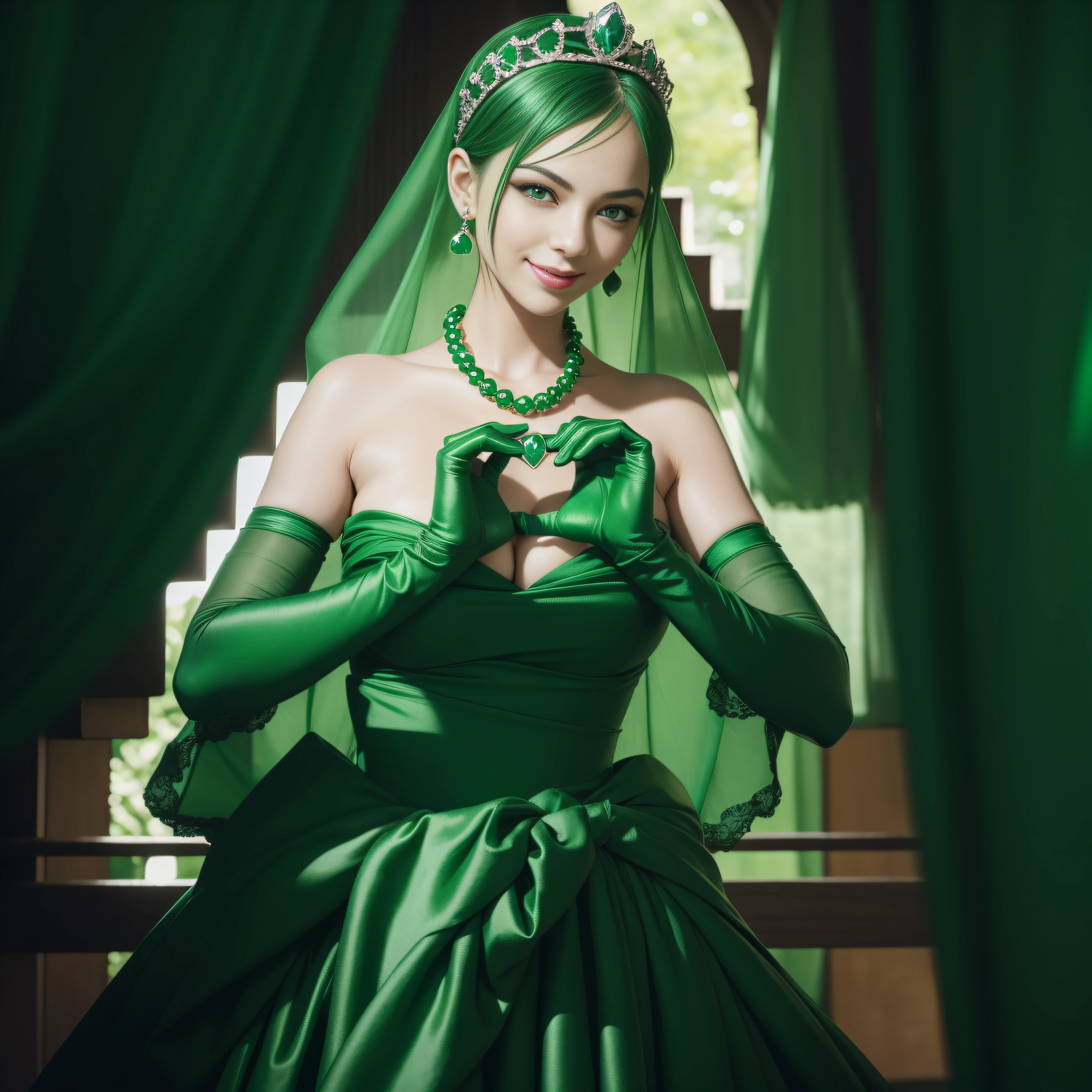 emerald tiara, Green Pearl Necklace, Boyish very short green hair, lipsticks, Japan woman smiling, very short short hair, big breasts beautiful, Green eyes, Long green gloves made of satin material, Green eyes, Emerald Earrings, green vale, Heart with both hands