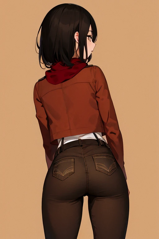 Obra maestra, La mejor calidad, Altas Resoluciones, Hmmikasa, pelo corto, ojos negros, bufanda, emblema, beltt, Correa para el muslo, red neckerchief, pantalones blancos, brown jacket, mangas largas, Disparo de vaquero, En pie, from the rear, focus on the ass, Buen