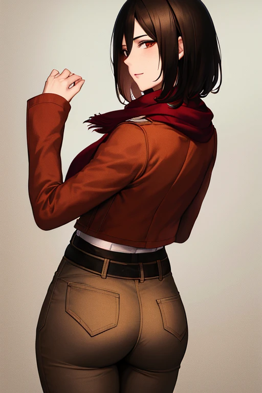 Obra maestra, La mejor calidad, Altas Resoluciones, Hmmikasa, pelo corto, ojos negros, bufanda, emblema, beltt, Correa para el muslo, red neckerchief, pantalones blancos, brown jacket, mangas largas, Disparo de vaquero, En pie, from the rear, focus on the ass, Buen