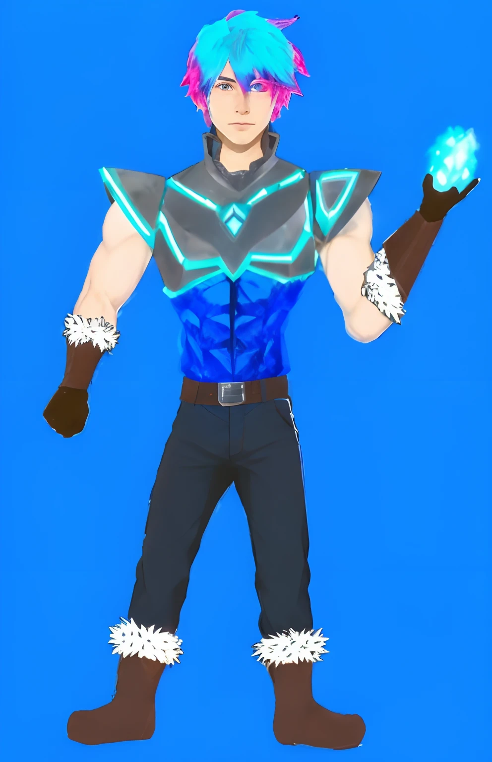 um desenho de um homem com cabelo azul e rosa, este personagem tem criocinese, com poderes de gelo, armadura de cristal de gelo, pele azul congelante, mago de gelo, Retrato completo de Electromancer, wearing thunder armor, Senhor do Gelo, Ezreal (Liga das Lendas, armadura azul e prata gelo, water armor, aura cintilante azul, Silver Ethereal Armor, epic lord hero