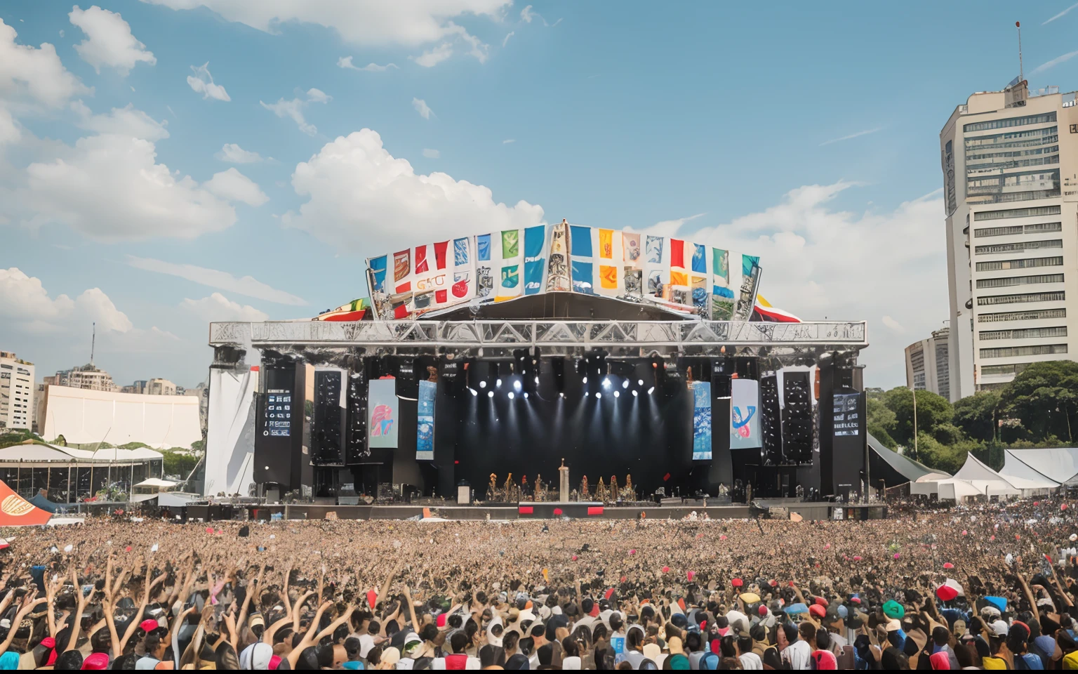 Crowd at a concert in front of a stage, um palco de festival ao ar livre, music festival, Festivais latina, in front of a large crowd, sao paulo, Ultra tiro muito longo, festival, palco, giant crowd, palco preto, Three panels with colorful images, Public, open space, realista, Full HD (FHD), Neutral background.
