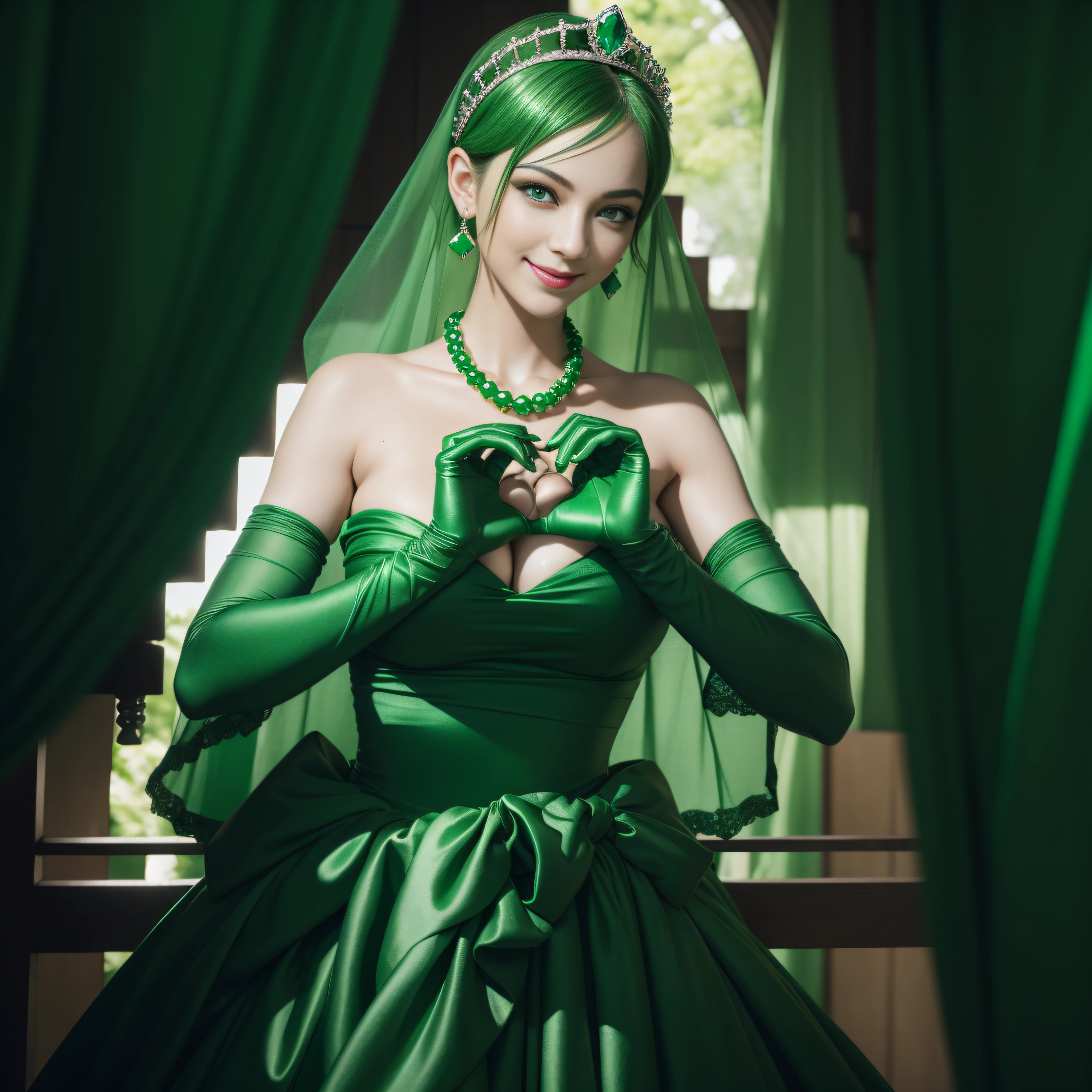 emerald tiara, Green Pearl Necklace, Boyish very short green hair, lipsticks, Japan woman smiling, very short short hair,  big breasts beautiful, Green eyes, Long green gloves made of satin material, Green eyes, Emerald Earrings, green vale, Heart with both hands