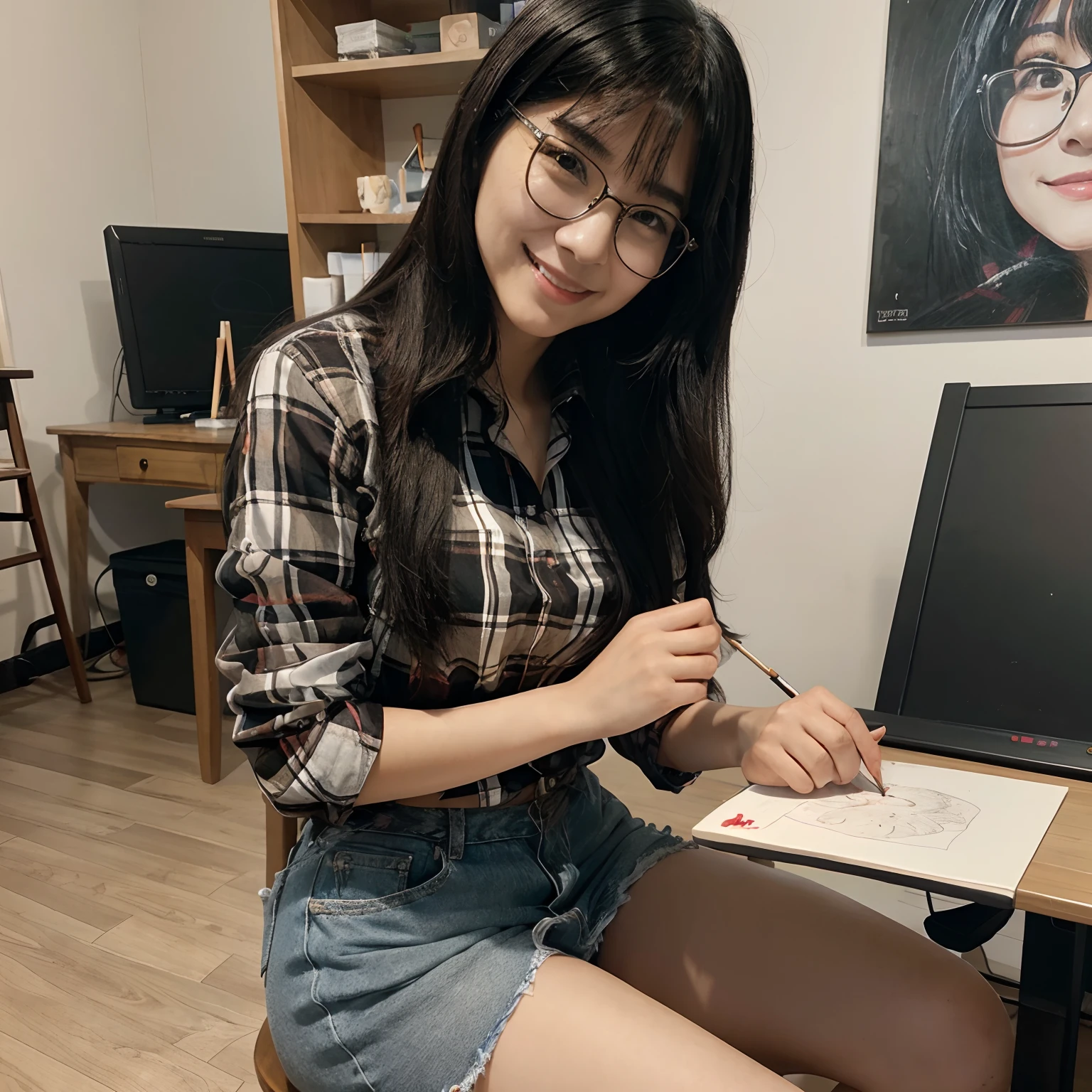 oriental girl, black straight hair, realistic style, wearing glasses and plaid blouse, smiling happily, sitting, drawing table, art studio, drawing anime character