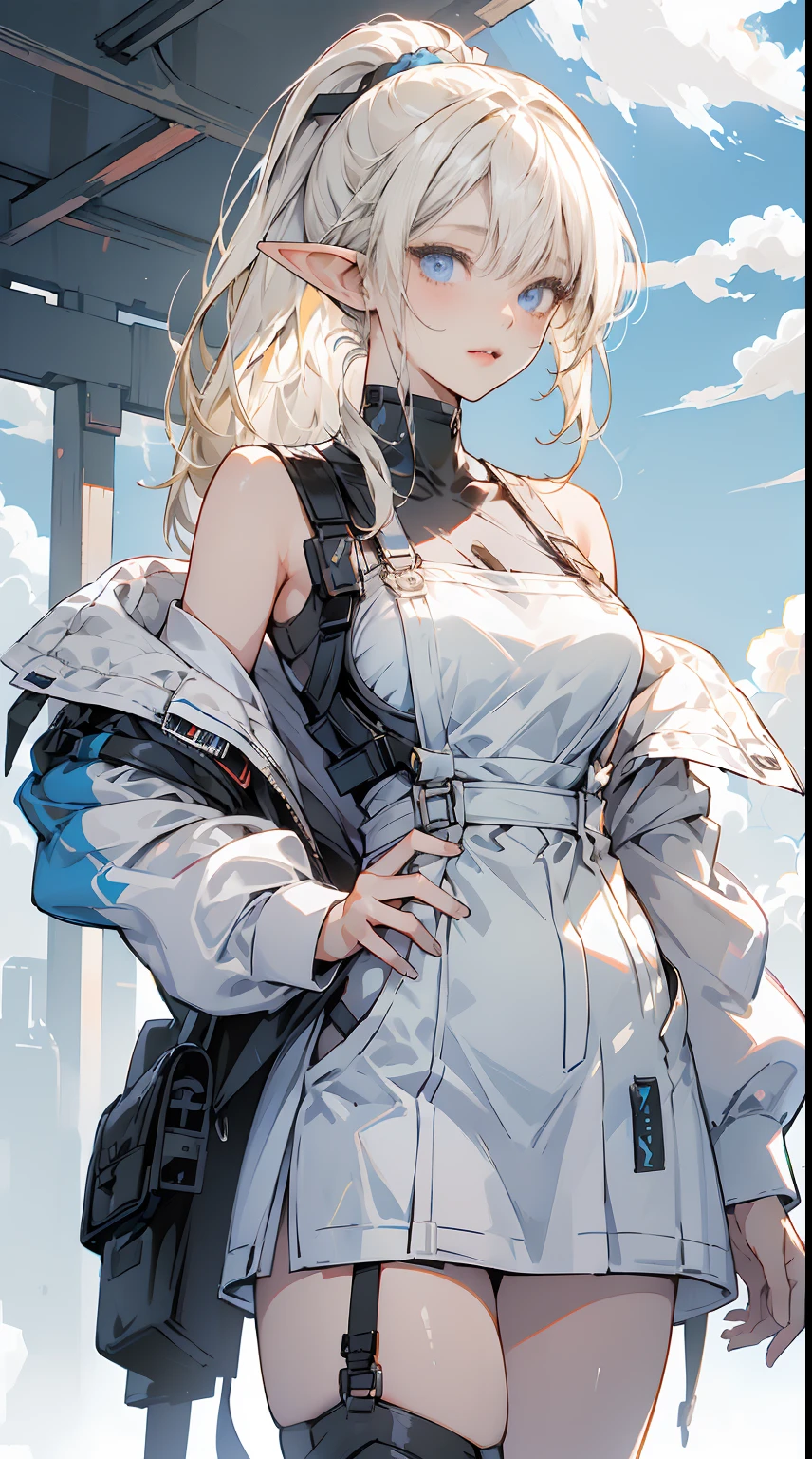 ((ultra-high picture quality)), (1 girl), (beauty elf), Ordinary worker, big breasts, perfect body, overalls, light smile, fresh, messy, (asymmetrical bangs:1.3), ponytail hair, highly detailed face and eyes, Perfect lips, (white blonde hair, Deep Blue Eyes:1.2), cyberpunk, sci-fi, tech wear, character portrait, bare shoulders, intricate, Dawn, morning, sunlight,  Bright clouds, digital art, Aesthetic, cinematic Lightning, by Yusuke Murata.