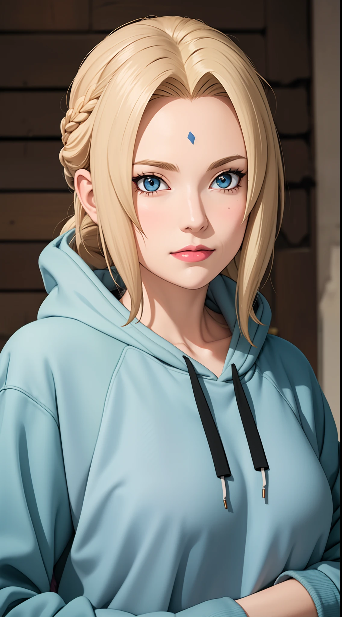 masterpiece, best quality, ultra-detailed, 1girl, upper body, 
long hair, blonde hair, french braid, blue eyes, blunt bangs, 
Wearing Streetwear Hoodie, stylish,
medium breast, cool attitude 
looking at viewer, Tsunade \(shippuden\)