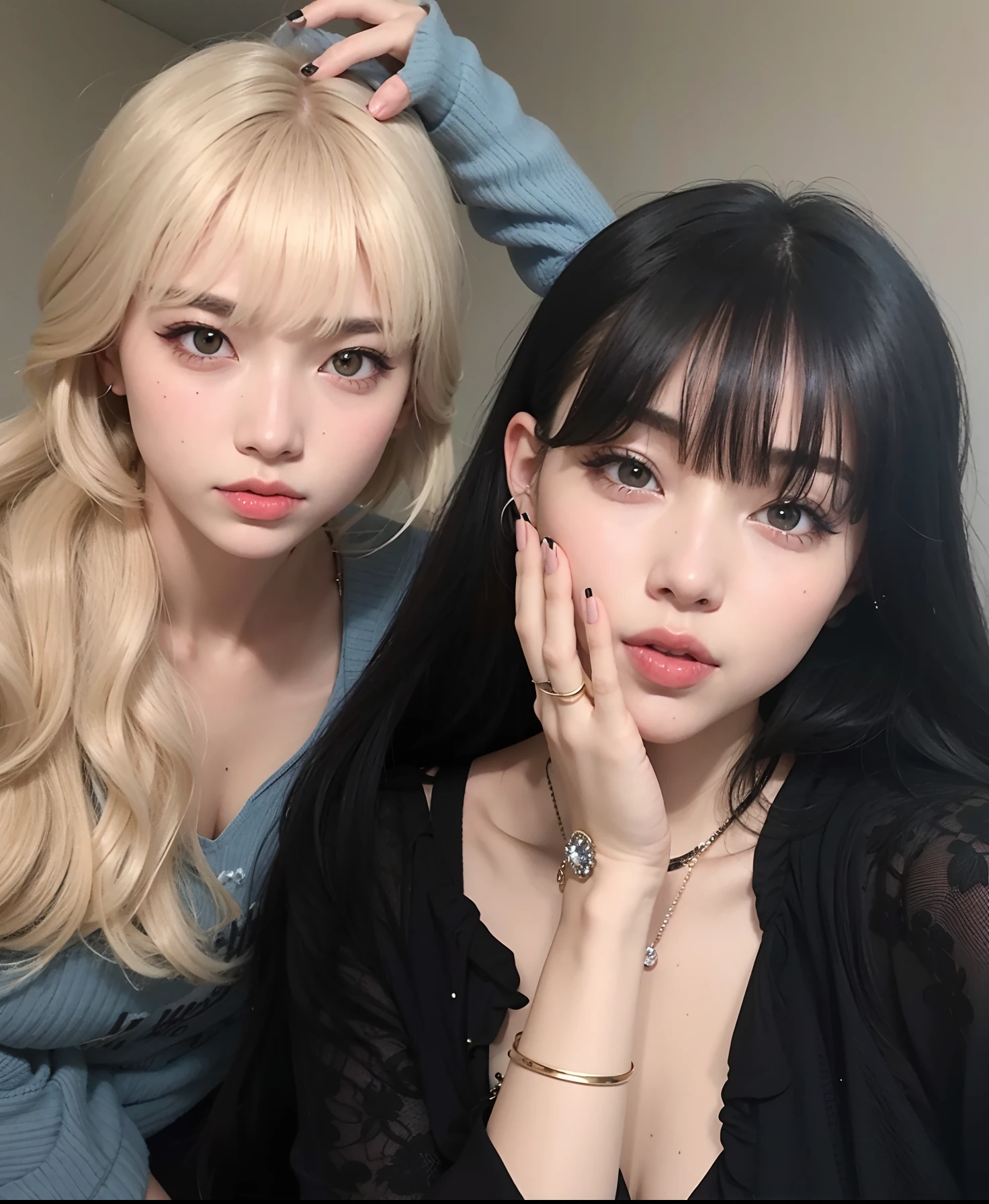 duas mulheres com cabelos longos e franja posando para uma foto, Ulzzang, maquiagem sul-coreana popular, Lalisa Manobal, Nixeu e Sakimichan, com franja completa, com franja, maquiagem coreana popular, cabelo comprido com franja completa, cabelos longos com franja, Ela tem cabelo preto com franja, com preto, longos cabelos brancos e franja