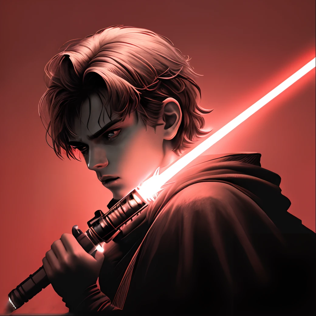 Anakin skywalker with a lightsaber in monochromatic red lighting
