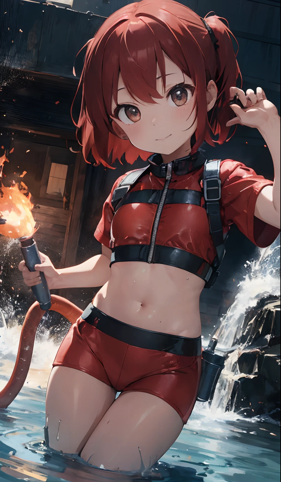 firefighter suit,the fire,Girl with a water cannon hose, Water,4K picture quality, Cinematic,,{6 years old child},{small body and chest,,,,,}, Red-haired,cute little, A sexy, Charismatic,Fighting Fire