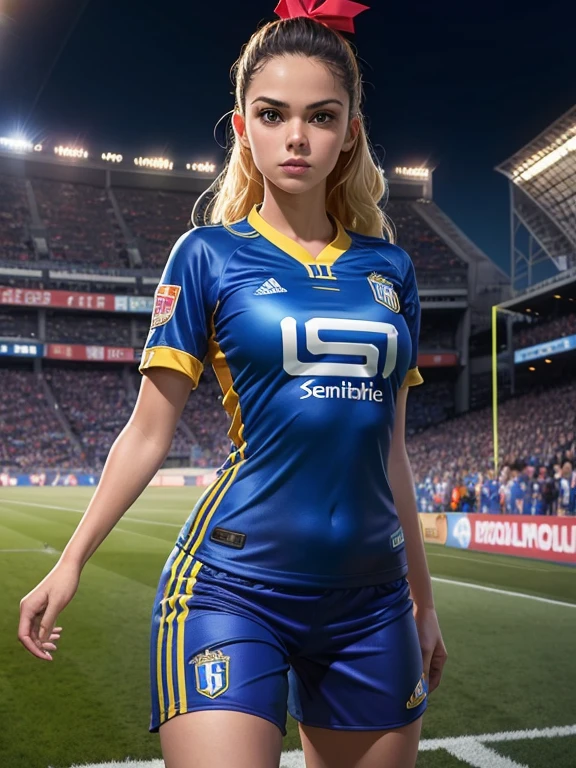 (8k, Foto RAW, La mejor calidad, Masutepiece:1.2), (realista, Fotorrealista:1.37),1 girl,Beautiful,poderoso, (solamente),Una cara detallada, Dramatic angle,
futebol/Football Uniforms ,deportivo, Mira hacia otro lado,deportivo,damp skin,sudar,senos grandes,bonitas piernas,Football stadiums,