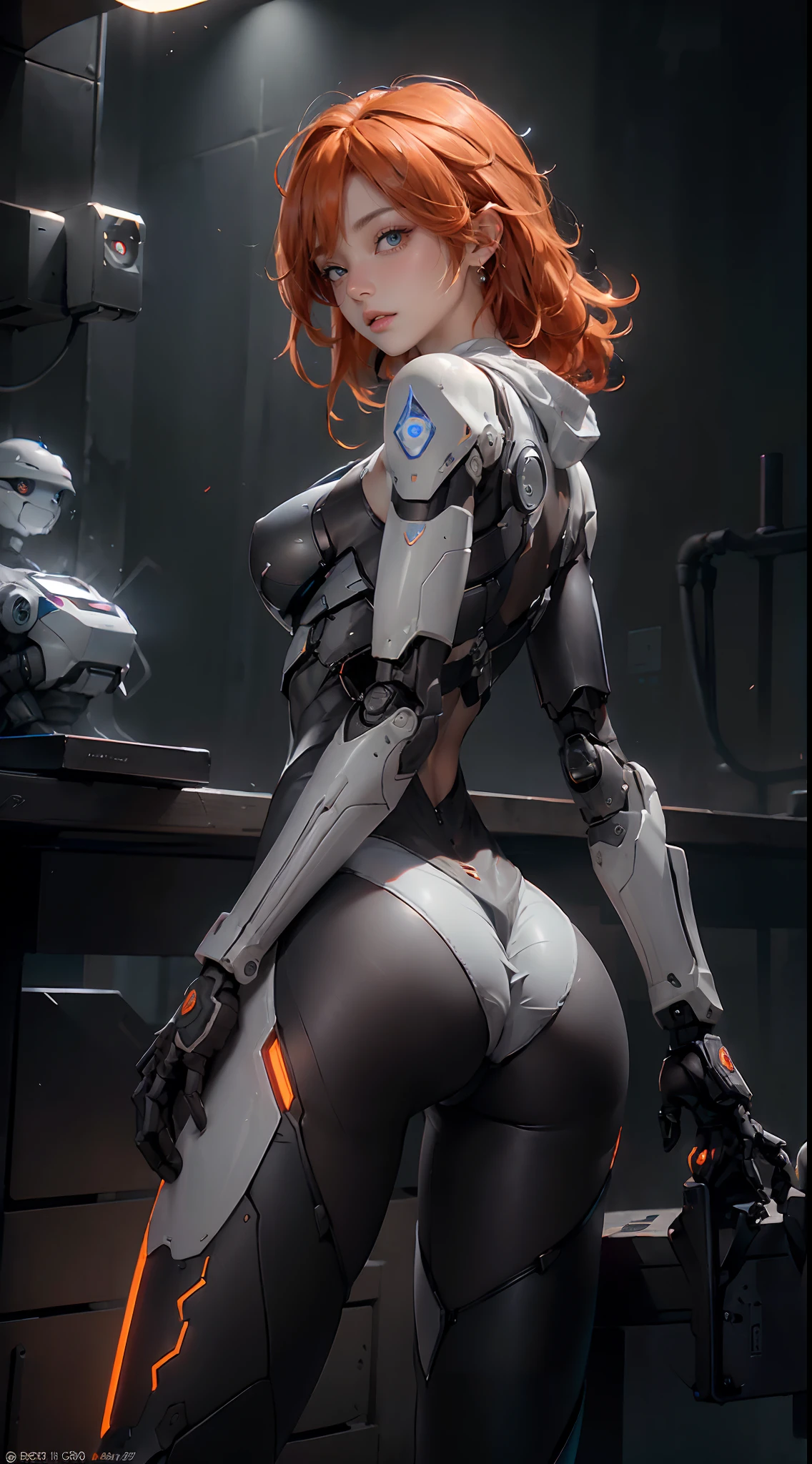 ((rear view, backside view)),((of the highest quality)), ((obra maestra)), (detalle:1.4), (((Translucent black material with mechanical parts and transparent skin and posing back beautiful woman in cybernetic suit made of gray carbon material Orange))), (((Pale brightness with LEDs))), ((pecho abierto)), Piel de las caderas y los muslos, Teletipo (High Dymanic Range), Trazado de rayos, NVIDIA RTX, Super resolution, PBR subsurface textured dispersion, Post-procesamiento, Anisotropy Filtering, Profundidad de campos, Sombreado de superficies, Accurate light simulation/Interacciones materiales, proporciones perfectas, two-color illumination, amplia apertura, ISO bajo, balance de blancos, 8k, (((Cameltoe))), NSFW, (((mujer alta))), 25 year old woman, Cyber helmet with dull and bright LEDs, hasta la rodilla, protuberancia, puffy nipple, ((Cyber hood with dull and bright LEDs)), Postura abierta, Disparo de vaquero, Piel de las caderas y los muslos, hermoso cuerpo, Ombligo visible en la piel desnuda, Pecho para sentir la gravedad, (pechos enormes: 1.3), (trasero gigantesco: 1.0), Espacio sencillo y minimalista, Poses sexys naturales, Mirando hacia abajo, Pelo sobre un ojo, (((hermoso cabello muy largo))), (((Orange hair))), (((Independencia del color del cabello))),motor irreal:1.4,UHD,La mejor calidad:1.4, fotorrealista:1.4, textura de la piel:1.4, obra maestra:1.8,,(laboratorio robotic fondo:1.4),(Traje Orange ciborg:1 4)