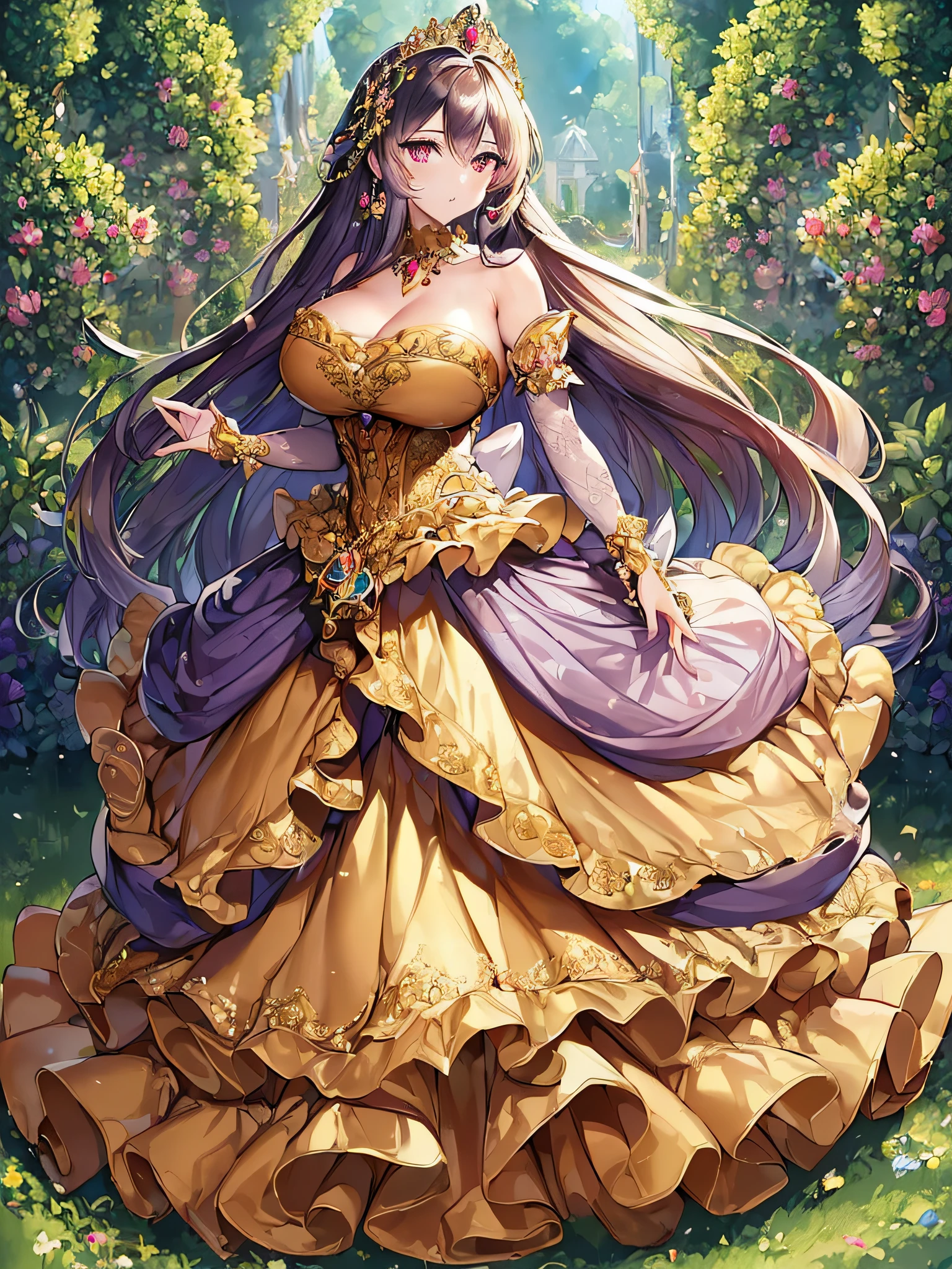 ((anime artstyle)),(Masterpiece),(Best Quality), (Super Detail),((Very Delicate and Beautiful)),(((Solo))),((full body portrait)),((1 princess in gorgeous princess rococo ballgown with voluminous full length hoop skirt)),((crinoline)),Long train,(((standing in garden))),(gorgeous gemstone jewelry),detailed face and eyes,jewel-like eyes,((large amount of straight hair,extremely voluminous Hair,Very Long Straight Hair)),((gigantic tits,Long tits)),cleavage,extremely gorgeousfull hair ornament,((bling-bling extremely gorgeousfull jeweled tiara)),((Dynamic Angle)),Looking at viewer,,flowers,flower petals flowing,((gorgeous princess rococo ballgown with voluminous full length hoop skirt))