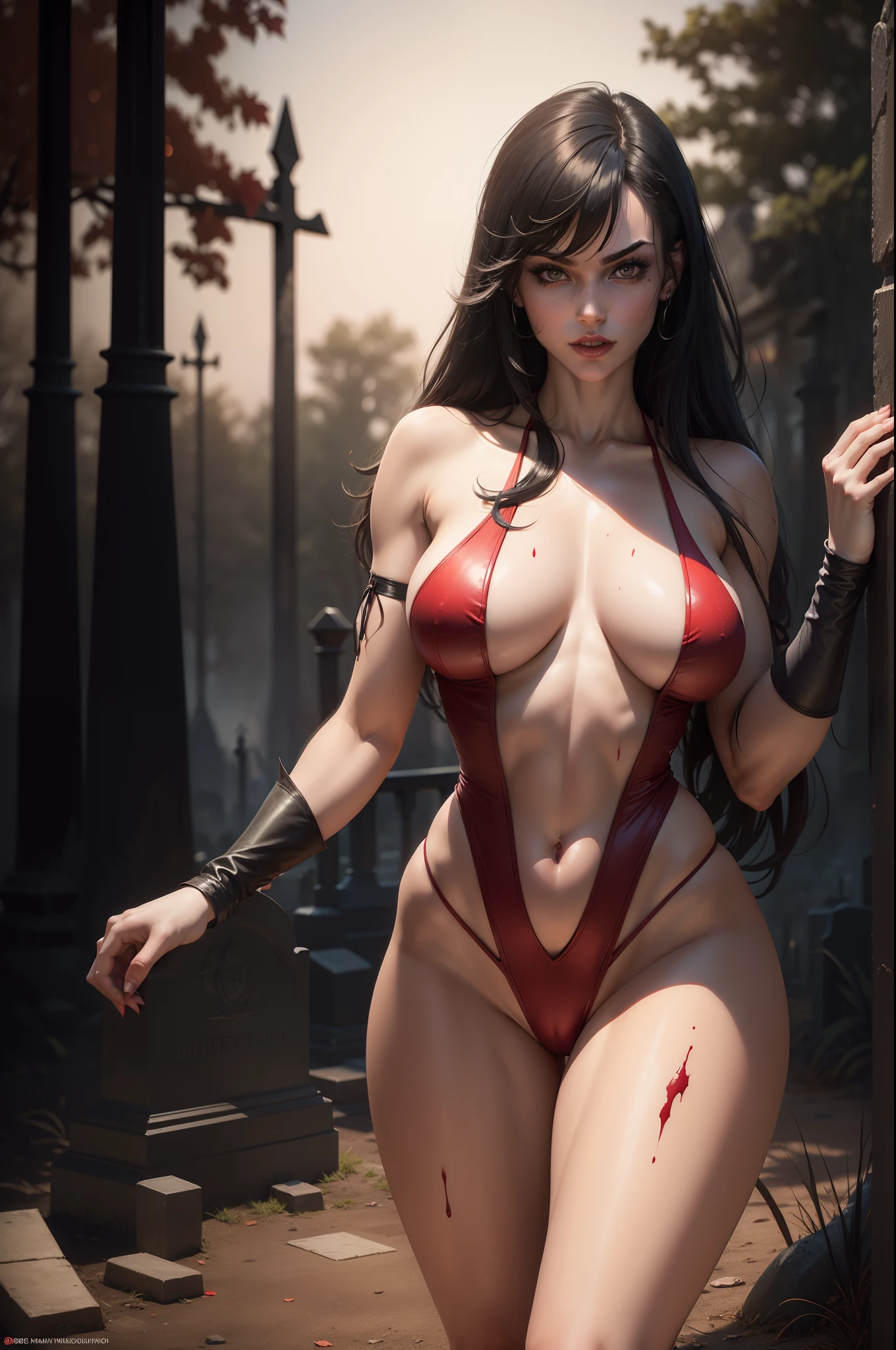 sexy vampirella wearing a deep V red swimsuit, blood splatter, blood in corner of lips, nighttime in a graveyard, side view,  athletic and fit body, naughty, slutty, perfect hands, detailed hands, perfect eyes, detailed eyes,  flirty, sexy, naughty, posing, hands and arms at sides, large perky boobs, realistic, HDR, UHD, dynamic