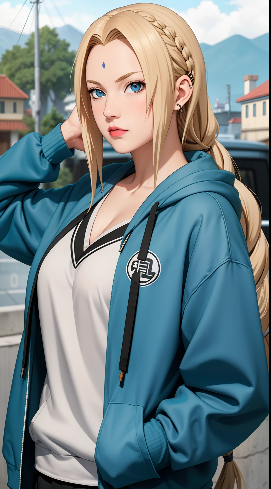 masterpiece, best quality, ultra-detailed, 1girl, upper body, 
long hair, blonde hair, french braid, blue eyes, blunt bangs, 
Wearing Streetwear Hoodie, stylish,
medium breast, cool attitude 
looking at viewer, Tsunade \(shippuden\)