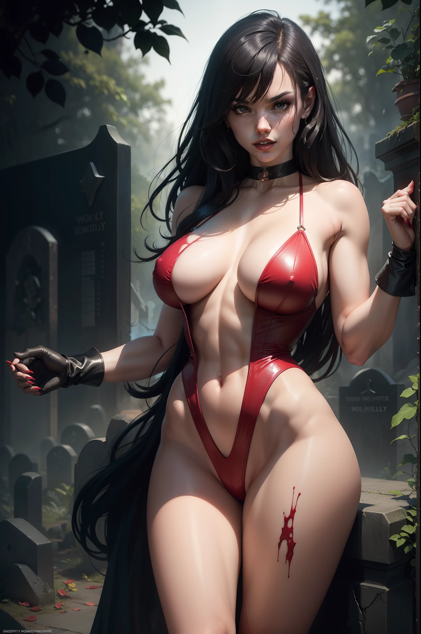 sexy vampirella wearing a deep V red swimsuit, blood splatter, blood in corner of lips, nighttime in a graveyard, side view, athletic and fit body, naughty, slutty, perfect hands, detailed hands, perfect eyes, detailed eyes, flirty, sexy, naughty, posing, hands and arms at sides, large perky boobs, realistic, HDR, UHD, dynamic