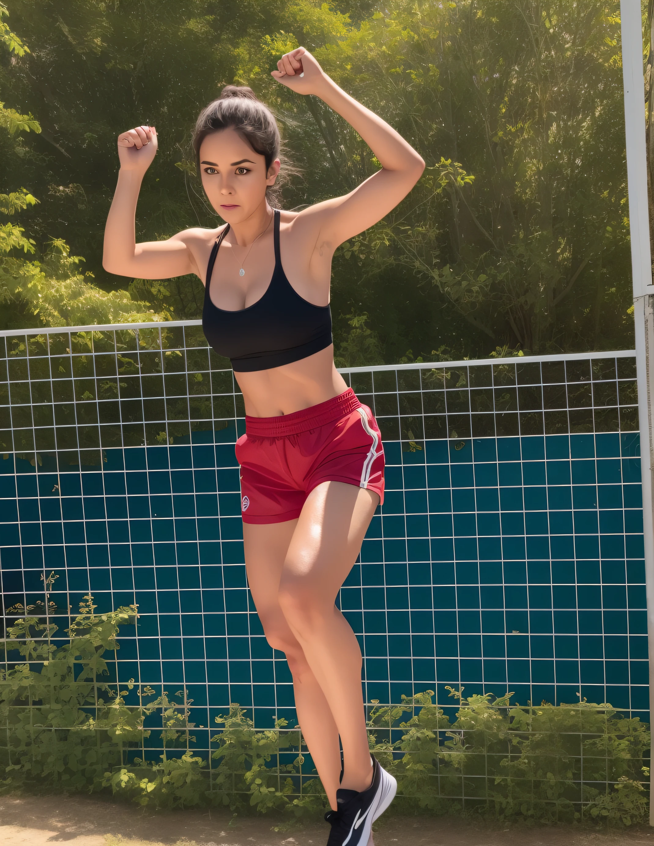 Mulher em shorts vermelhos e top preto jogando Frisbee no quintal, vestindo shorts vermelhos, agachado ao lado de uma piscina, 5 5 I, leaping with arms up, em uma pose de flutuador de salto, ela tem cerca de 50 anos, cropped vermelho yoga curto, meio - tiro no corpo, tiro de meio corpo, ela tem cerca de 50 anos, arms extended