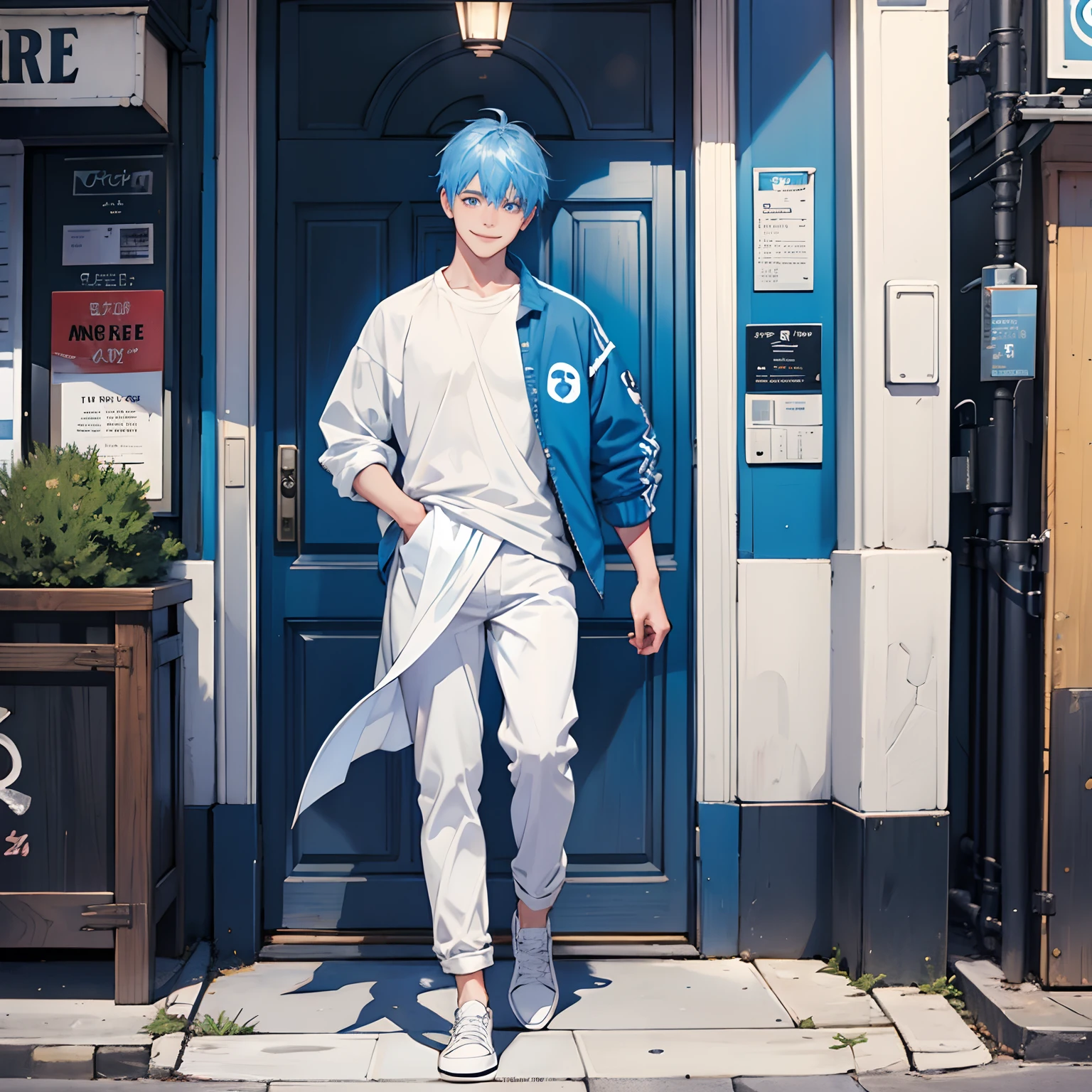 1boy ,white backgroud,male, blue hair,fullbody,smile face,casual clothes