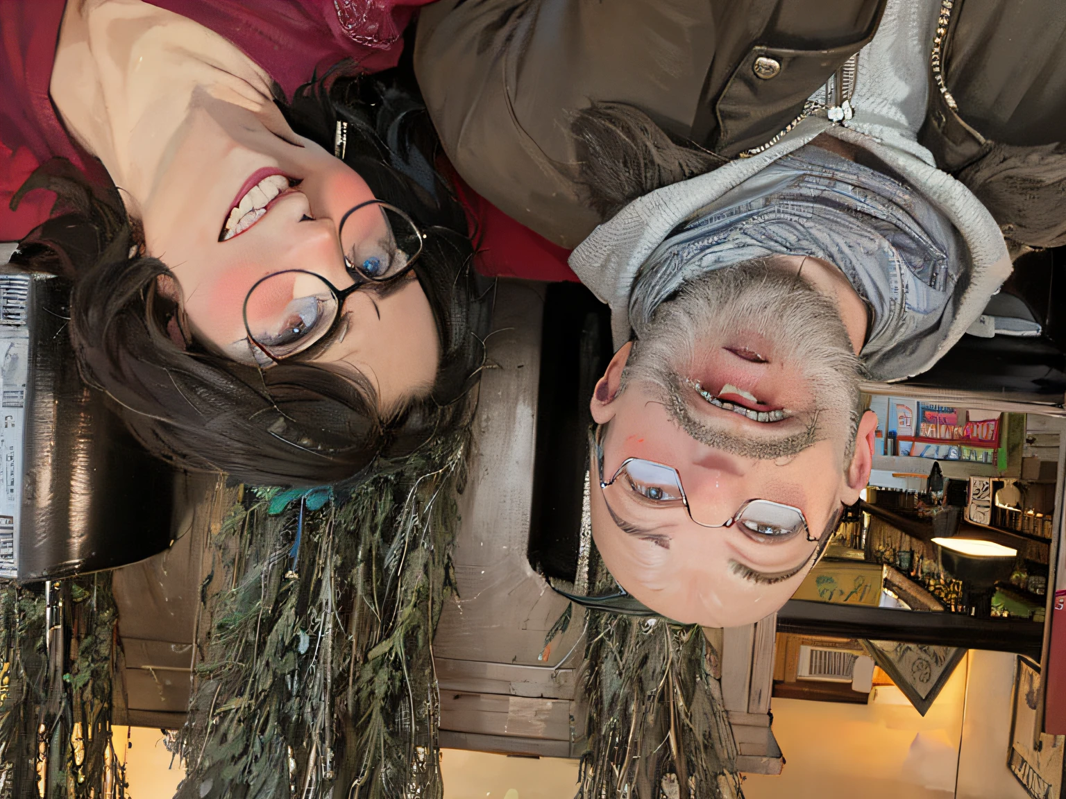 Es gibt zwei Personen, die nebeneinander stehen, Urlaubsfoto, sehr albern aussehend, Verzerrtes Foto, Kopf ist oben, mit nerdigen! Brille! und Spitzbart, 8k Selfie-Foto, Detaillierte Gesichter, die nach oben blicken, Blick in die Kamera, sehr, sehr gruselig, Kopfschuss von vorne, Blick in die Kamera