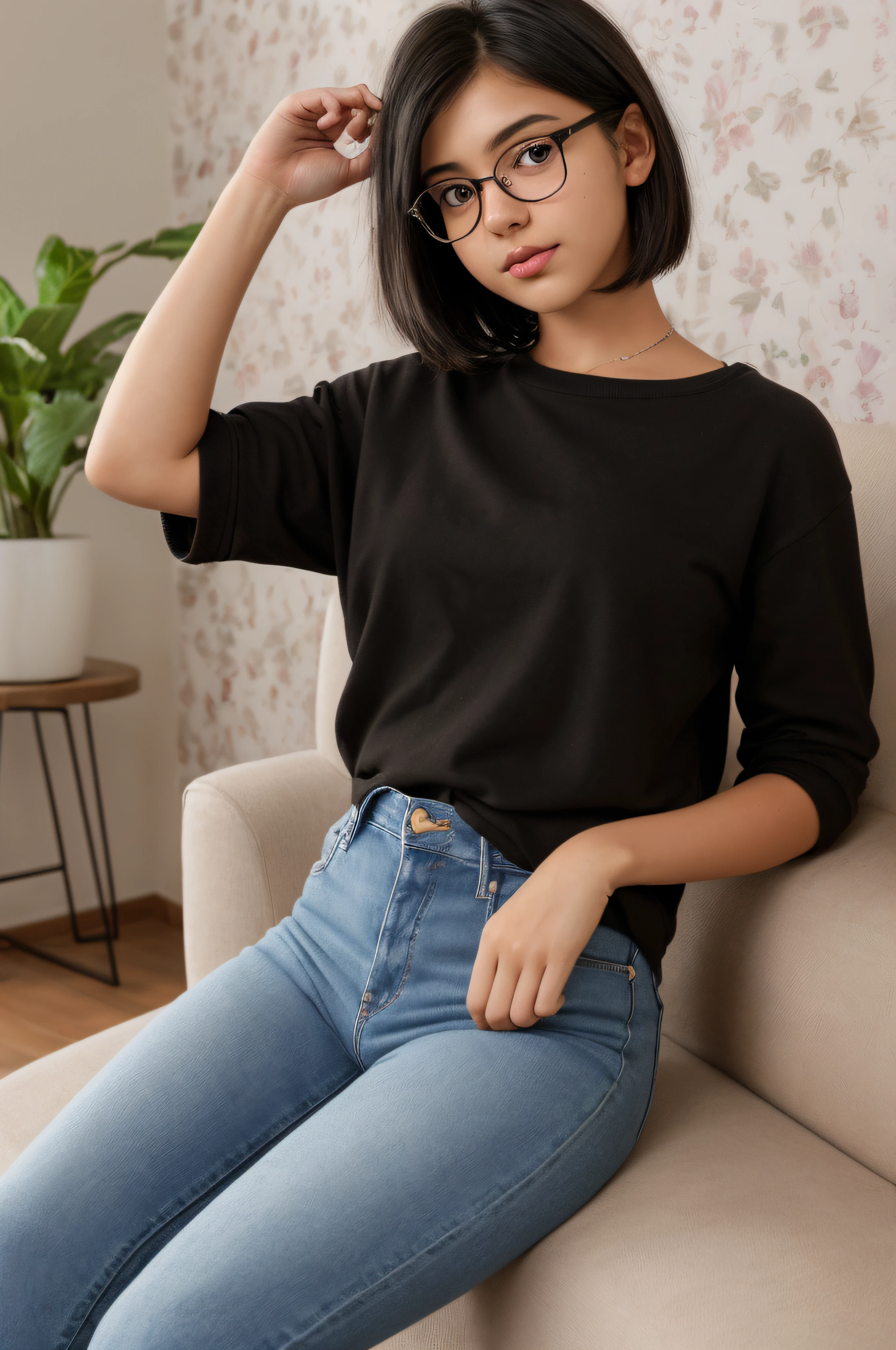 2girls, beautiful girls, wearing eyeglasses, brown skin, small mole on her right cheek, half body, Body Length 150 cm, , brown skin girl, lesbian kissing.(short black hair, Street hairstyle) , (black eyes), realistic eyes, beautiful and big eyes), feminine clothing, girls clothes tight jeans, Wearing sneakers, Small breasts, (8k wallpaper), (Living room wallpaper) 8k, high quality, realistic, beautiful realistic, Cool details, raw photo, realistic clothing, short hair, black hair, realistic hair, Light and cool lighting, photo realistic, Cel shaded, Gel lighting, ultra details