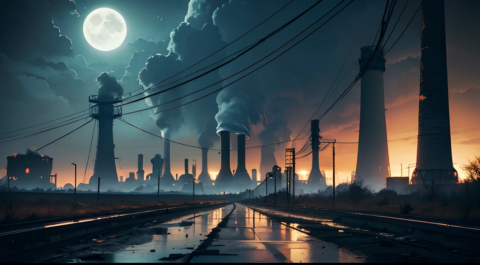 Industrial ruins of a nuclear power plant, The Broken Road, Lots of old tall brick chimneys along the road, The pipes go into the sky, Autumn Moonlit Night, There are bare trees around, Destroyed houses, Abandoned oil refinery, Black clouds in the sky, thunder-storm, Dark Fantasy Style, max detail, Palette: Black, Red, White, Grey