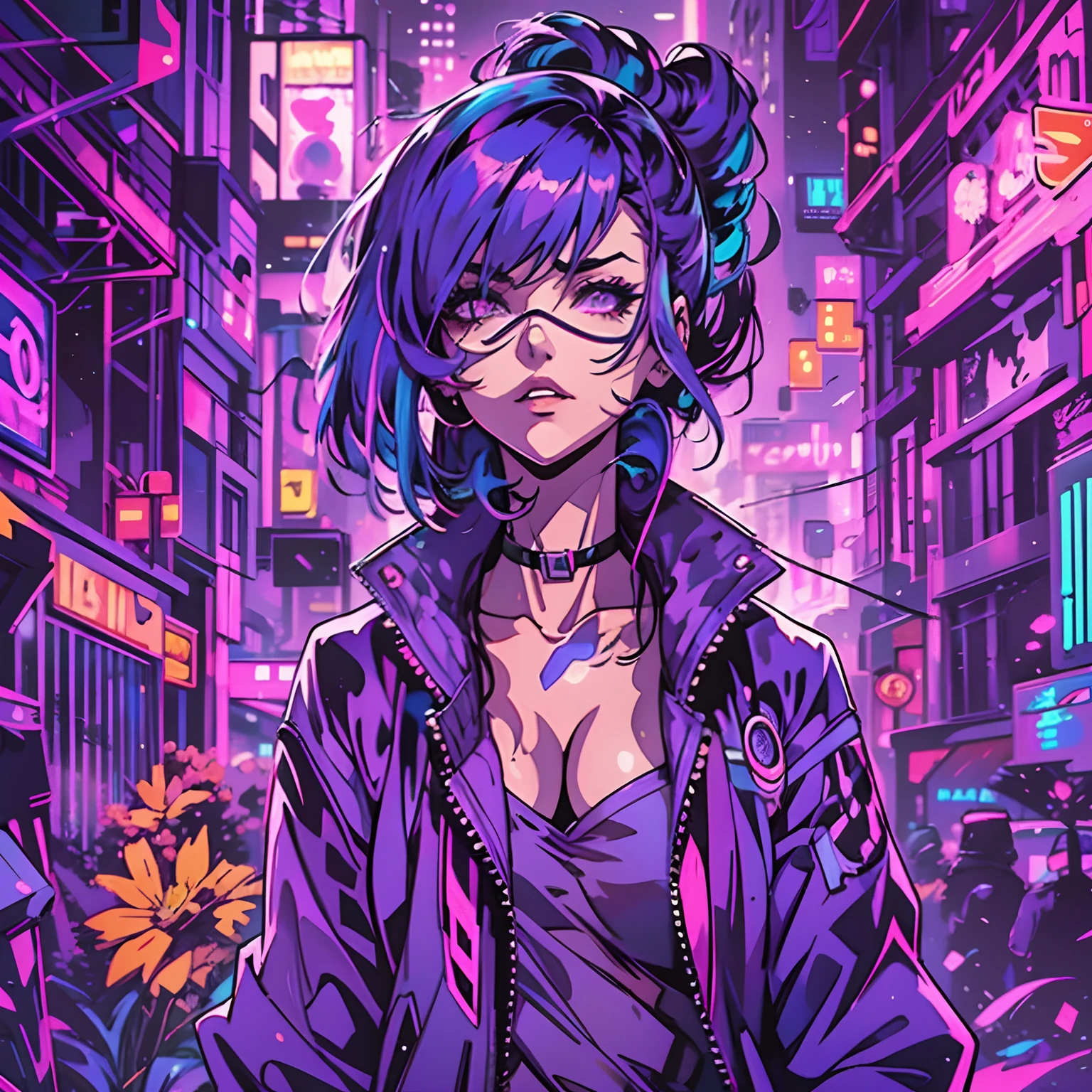 Create digital artwork in the ergo proxy Art style, Featuring a cheeky and confident woman with purple hair and straight bangs, street fashion, Movie color scheme, Surrounded by vintage 80's dark neon motifs, Vibrant brush strokes, Emotions should be dynamic, Upper body, Drawing, illustration, escala cinza, mechanical, cyberpunk, Many flowers,