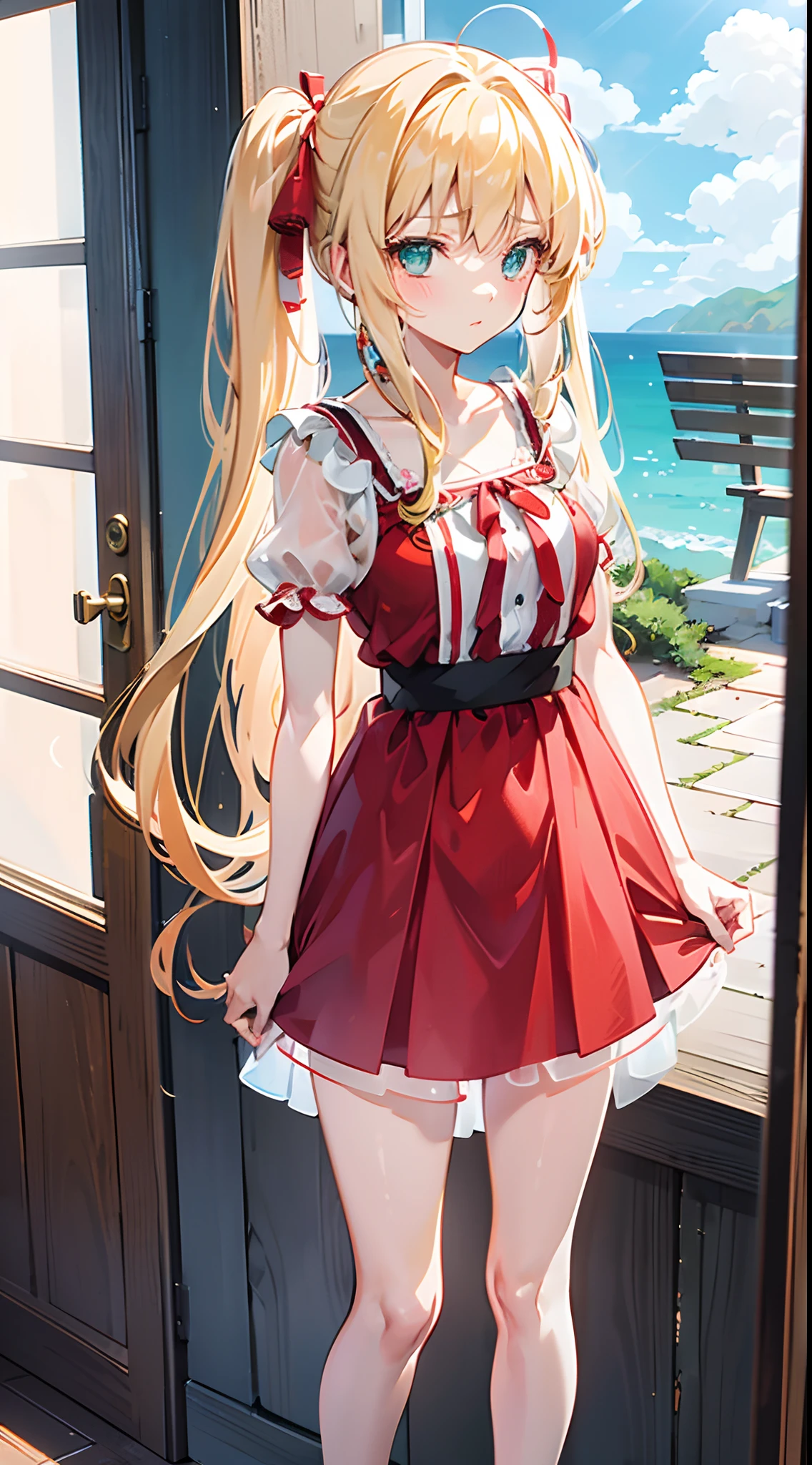 anime styled, Anime Artwork,The ultra -The high-definition,超A high resolution,Wink,Clear eyes, Pretty lips,beautiful a girl,long eyelashes, Twin tails fastened with a red ribbon,Blonde long hair, A begging and embarrassed look, Short dress in transparent thin fabric,Emerald Green Short Dress,see -through,The areol,お漏らし,The pee has come out and the pee is dripping from the crotch, fullnude,bare-legged,Draw the whole body from the top of the head to the toes。Lonely Summer Coast