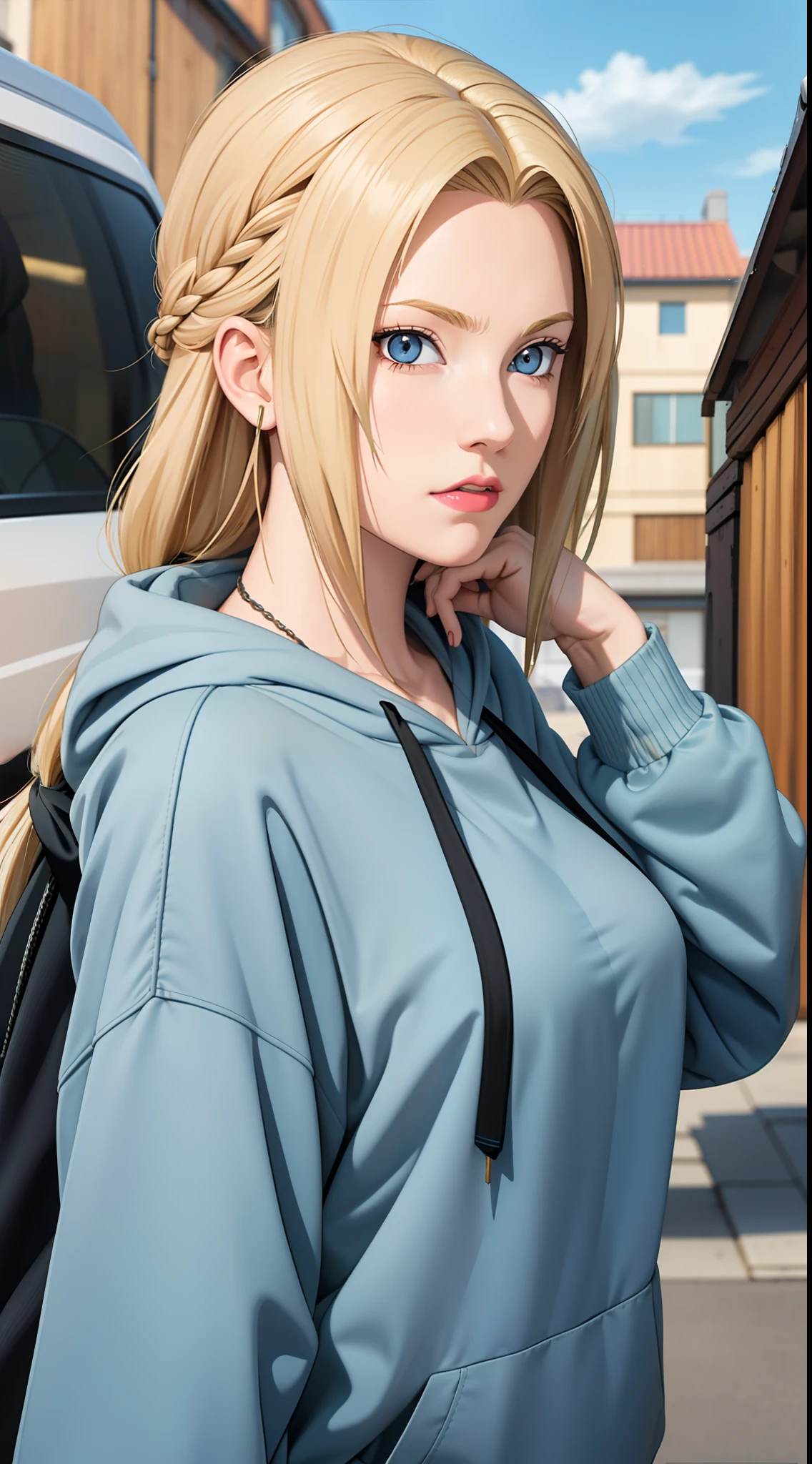 masterpiece, best quality, ultra-detailed, 1girl, upper body, 
long hair, blonde hair, french braid, blue eyes, blunt bangs, 
Wearing Streetwear Hoodie, stylish,
medium breast, cool attitude 
looking at viewer, Tsunade \(shippuden\)