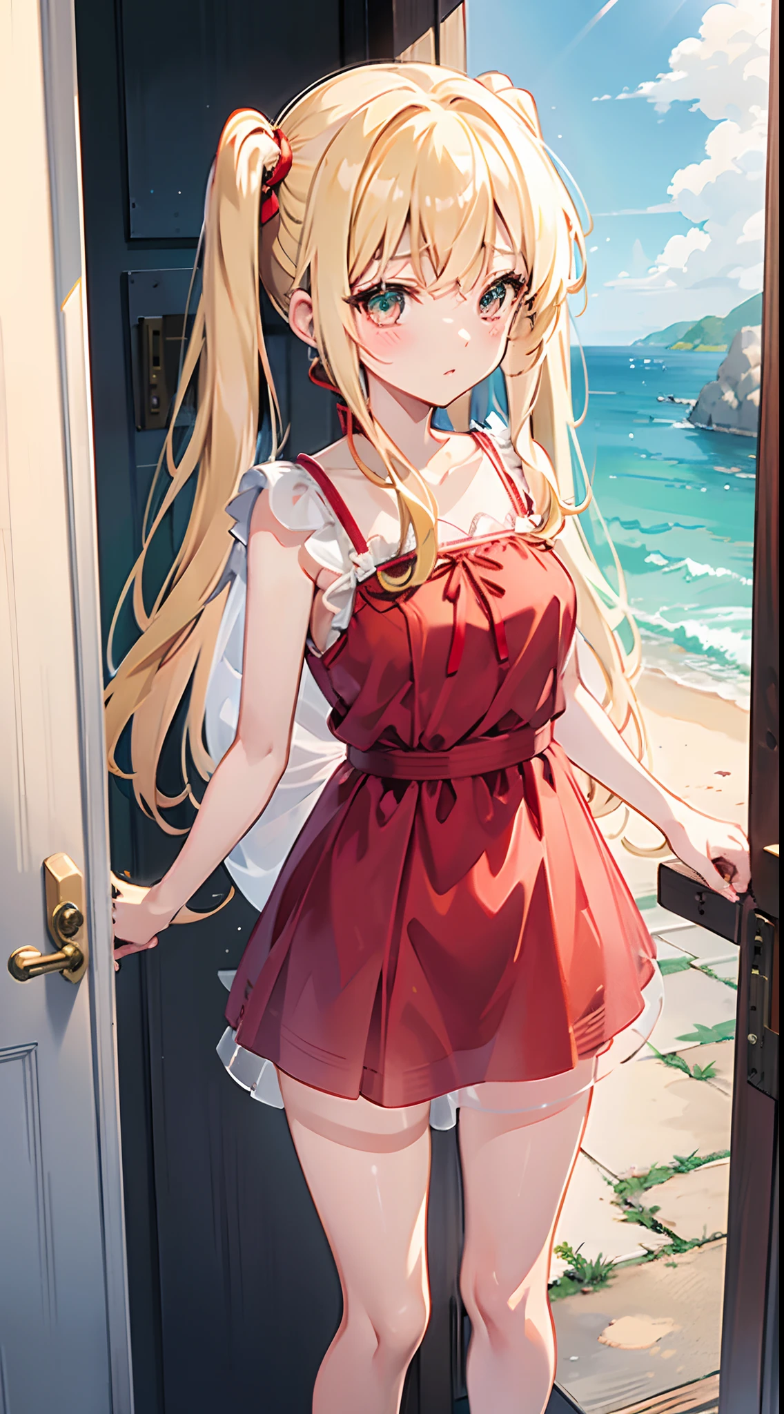 anime styled, Anime Artwork,The ultra -The high-definition,超A high resolution,Wink,Clear eyes, Pretty lips,beautiful a girl,long eyelashes, Twin tails fastened with a red ribbon,Blonde long hair, A begging and embarrassed look, Short dress in transparent thin fabric,Emerald Green Short Dress,see -through,The areol,お漏らし,The pee has come out and the pee is dripping from the open crotch, fullnude,bare-legged,Draw the whole body from the top of the head to the toes。Lonely Summer Coast