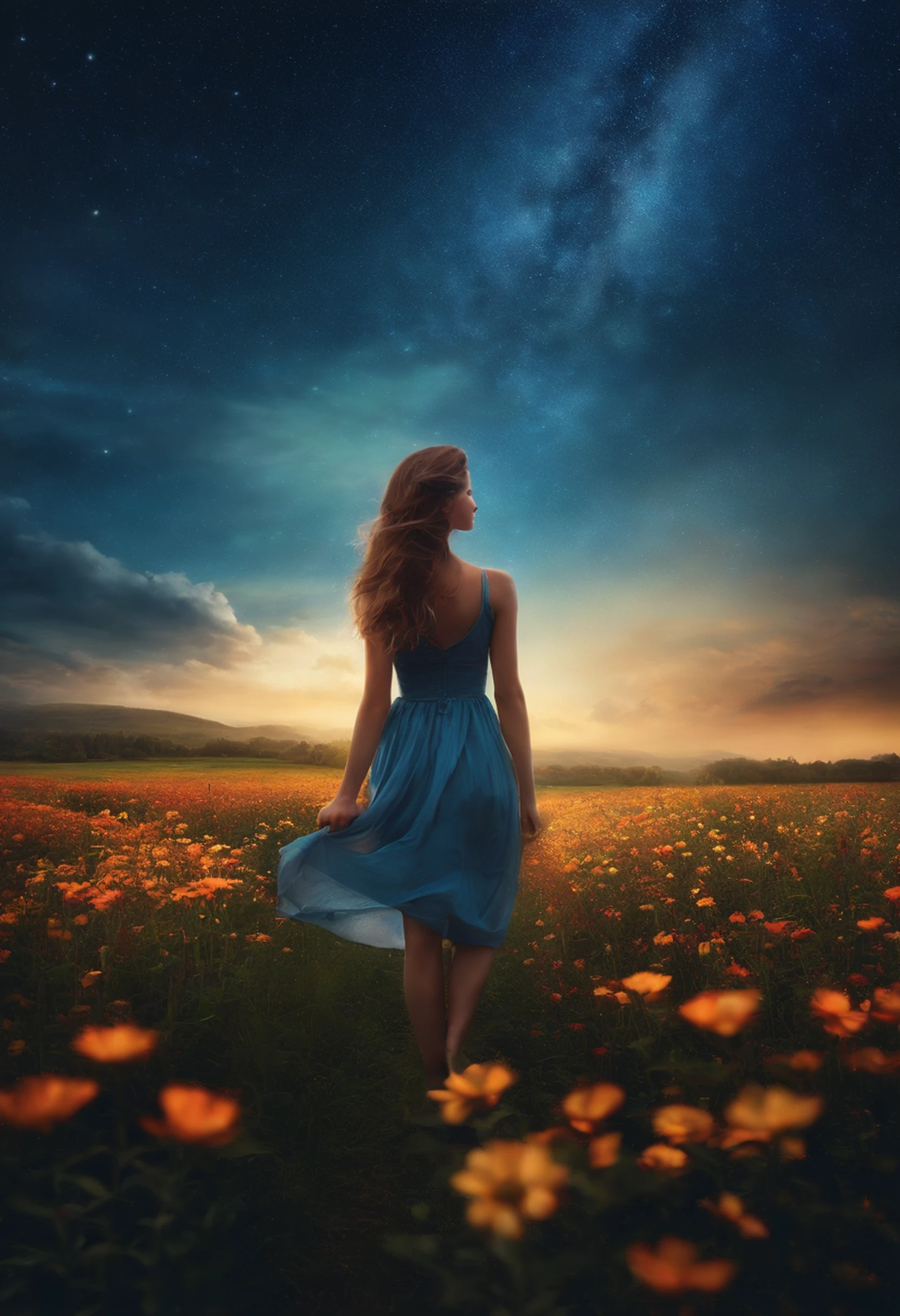A girl stands on a flower field and looks at the sky, A girl, standing on a flower field, A girl, walking through a field of flowers, Lost in a fairytale wonderland, Standing in a field of flowers, Fantastic digital painting, The sky is gradually clearing, The starry sky is gradually receding