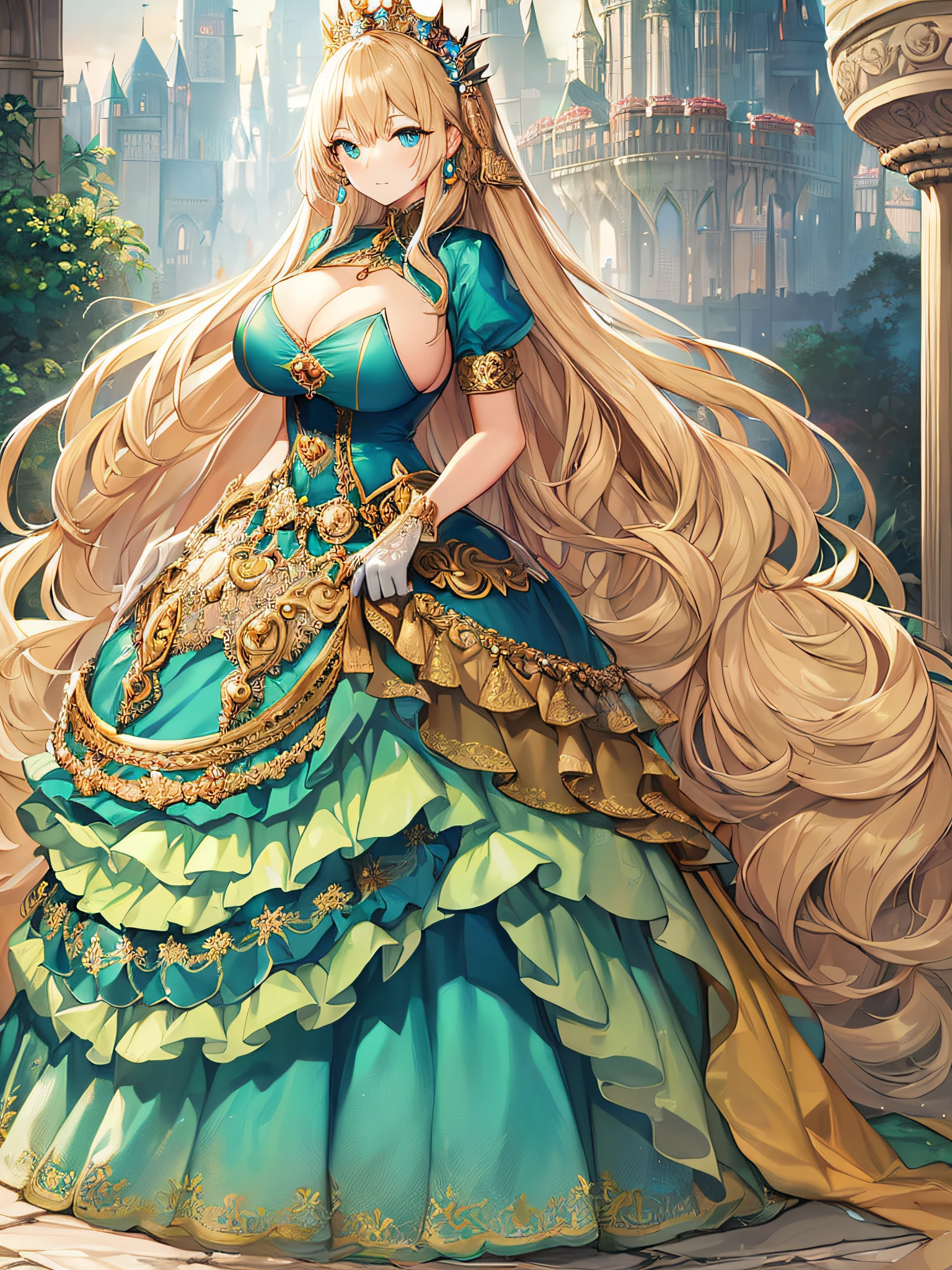 ((anime artstyle)),(Masterpiece),(Best Quality), (Super Detail),((Very Delicate and Beautiful,official art)),(((Solo))),((full body portrait)),full body,full body portrait,((detailed face and eyes)),jewel-like beautiful eyes,((1 princess in a rococo ballgown with voluminous full length hoop skirt)),((fantasy castle,outdoors,outside the castle)),((Crinoline,Long Train)),super detailed gorgeous princess ballgown with voluminous full length hoop skirt,jeweled Gorgeous princess rococo princess ballgown with long train,jeweled Gorgeous rococo princess ballgown with long train,((large amount of straight hair,extremely voluminous Very Long Hair,Absolutely Long Straight Hair)),(((very gigantic boobs,Long boobs,cleavage))),long_gloves,extremely gorgeousfull hair ornament,bling-bling extremely gorgeousfull jeweled tiara,luxurious jewelry