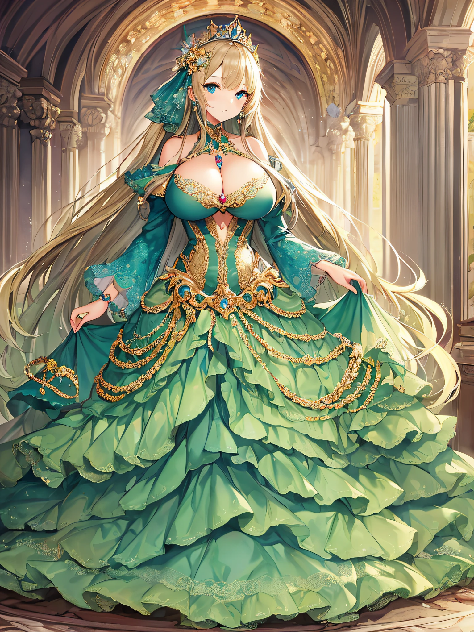 ((anime artstyle)),(Masterpiece),(Best Quality), (Super Detail),((Very Delicate and Beautiful,official art)),(((Solo))),((full body portrait)),full body,full body portrait,((detailed face and eyes)),jewel-like beautiful eyes,((1 princess in a rococo ballgown with voluminous full length hoop skirt)),((fantasy castle,outdoors,outside the castle)),((Crinoline,Long Train)),super detailed gorgeous princess ballgown with voluminous full length hoop skirt,jeweled Gorgeous princess rococo princess ballgown with long train,jeweled Gorgeous rococo princess ballgown with long train,((large amount of straight hair,extremely voluminous Very Long Hair,Absolutely Long Straight Hair)),(((very gigantic boobs,Long boobs,cleavage))),long_gloves,extremely gorgeousfull hair ornament,bling-bling extremely gorgeousfull jeweled tiara,luxurious jewelry