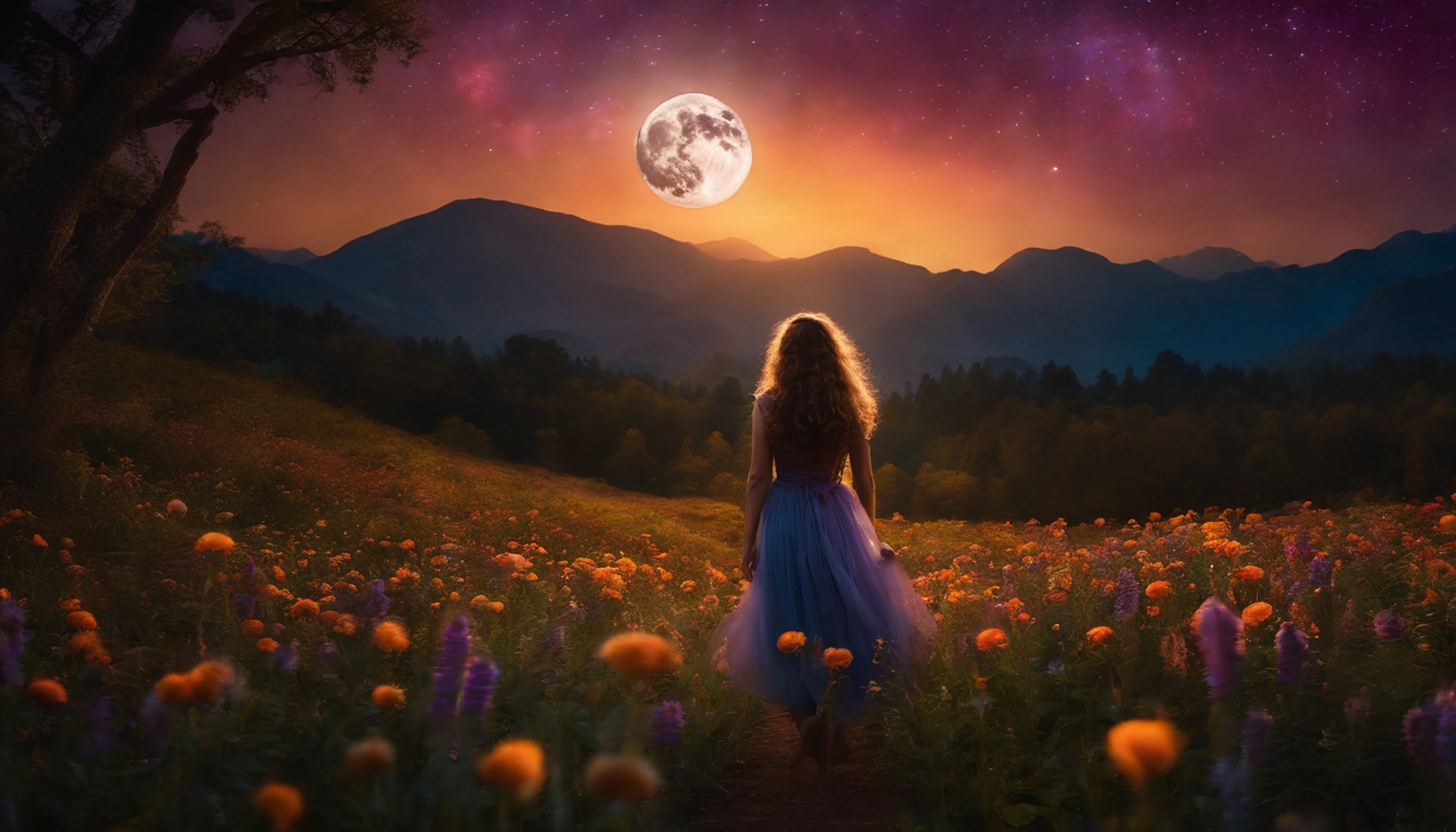 LANDSCAPE PHOTO (SEEN FROM BELOW, SKY ABOVE, FIELD BELOW), GIRL STANDING IN FLOWER GARDEN LOOKS UP (FULL MOON: 1.2), (METEOR: 0.9), (NEBULA: 1.3), DISTANT MOUNTAINS, TREES BREAK CRAFTING ART, (WARM LIGHT: 1.2), (FIREFLY: 1.2), LIGHTS, LOTS OF PURPLE AND ORANGE, INTRICATE DETAILS, VOLUMETRIC LIGHTING BREAK (MASTERPIECE: 1.2), ( Best Quality), 4K, Ultra Detailed, (Dynamic Composition: 1.4), Rich in Detail and Color, (Iridescent: 1.2), (Glow, Atmospheric Lighting), Dreamy, Magical, (Solo: 1.2)