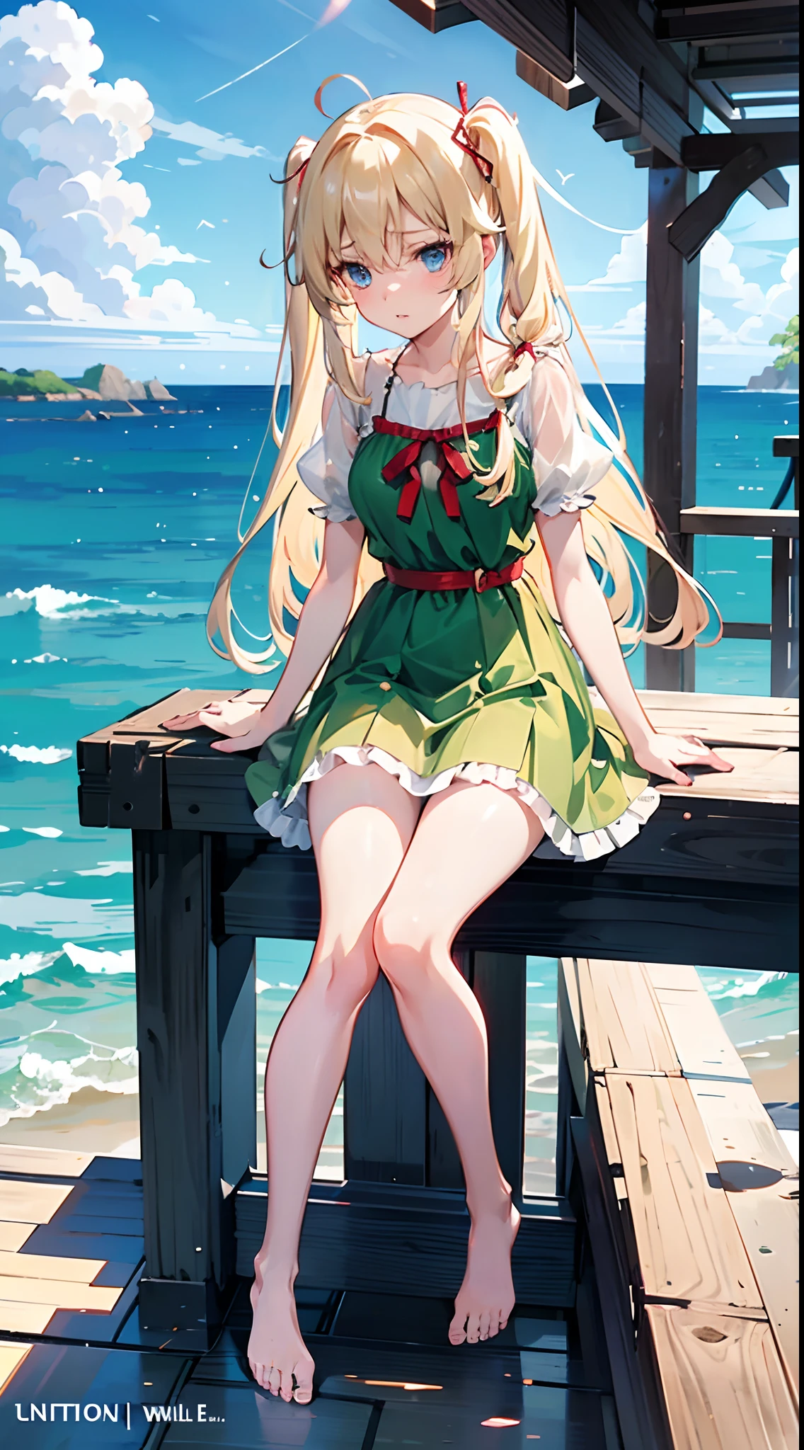 anime styled, Anime Artwork,The ultra -The high-definition,超A high resolution,Wink,Clear eyes, Pretty lips,beautiful a girl,long eyelashes, Twin tails fastened with a red ribbon,Blonde long hair, A begging and embarrassed look, Short dress in transparent thin fabric,Emerald Green Short Dress,see -through,The areol,お漏らし,The pee has come out and the pee is dripping from the crotch, fullnude,bare-legged,Draw the whole body from the top of the head to the toes。Lonely Summer Coast