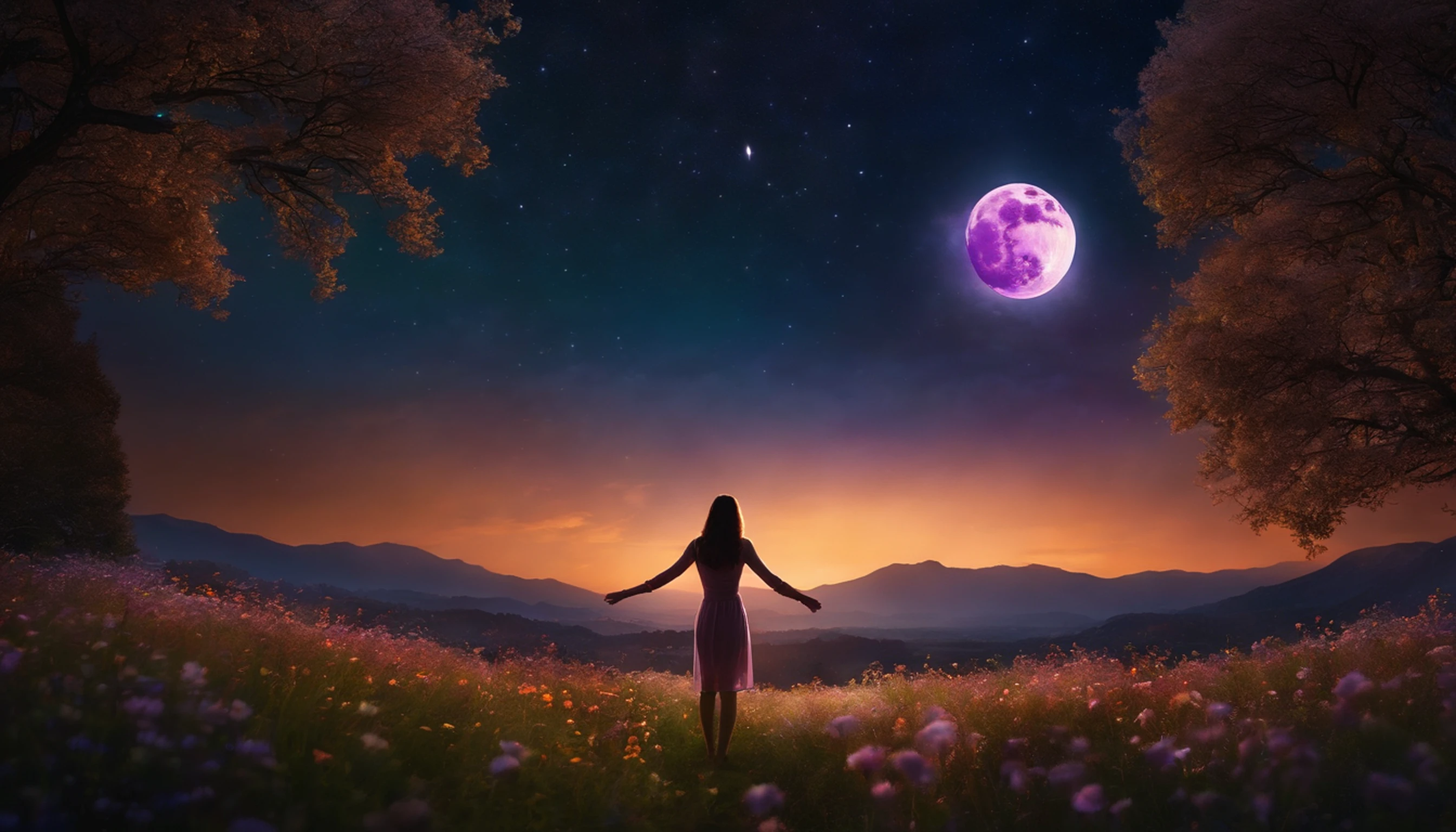 LANDSCAPE PHOTO (SEEN FROM BELOW, SKY ABOVE, FIELD BELOW), GIRL STANDING IN FLOWER GARDEN LOOKS UP (FULL MOON: 1.2), (METEOR: 0.9), (NEBULA: 1.3), DISTANT MOUNTAINS, TREES BREAK CRAFTING ART, (WARM LIGHT: 1.2), (FIREFLY: 1.2), LIGHTS, LOTS OF PURPLE AND ORANGE, INTRICATE DETAILS, VOLUMETRIC LIGHTING BREAK (MASTERPIECE: 1.2), ( Best Quality), 4K, Ultra Detailed, (Dynamic Composition: 1.4), Rich in Detail and Color, (Iridescent: 1.2), (Glow, Atmospheric Lighting), Dreamy, Magical, (Solo: 1.2)