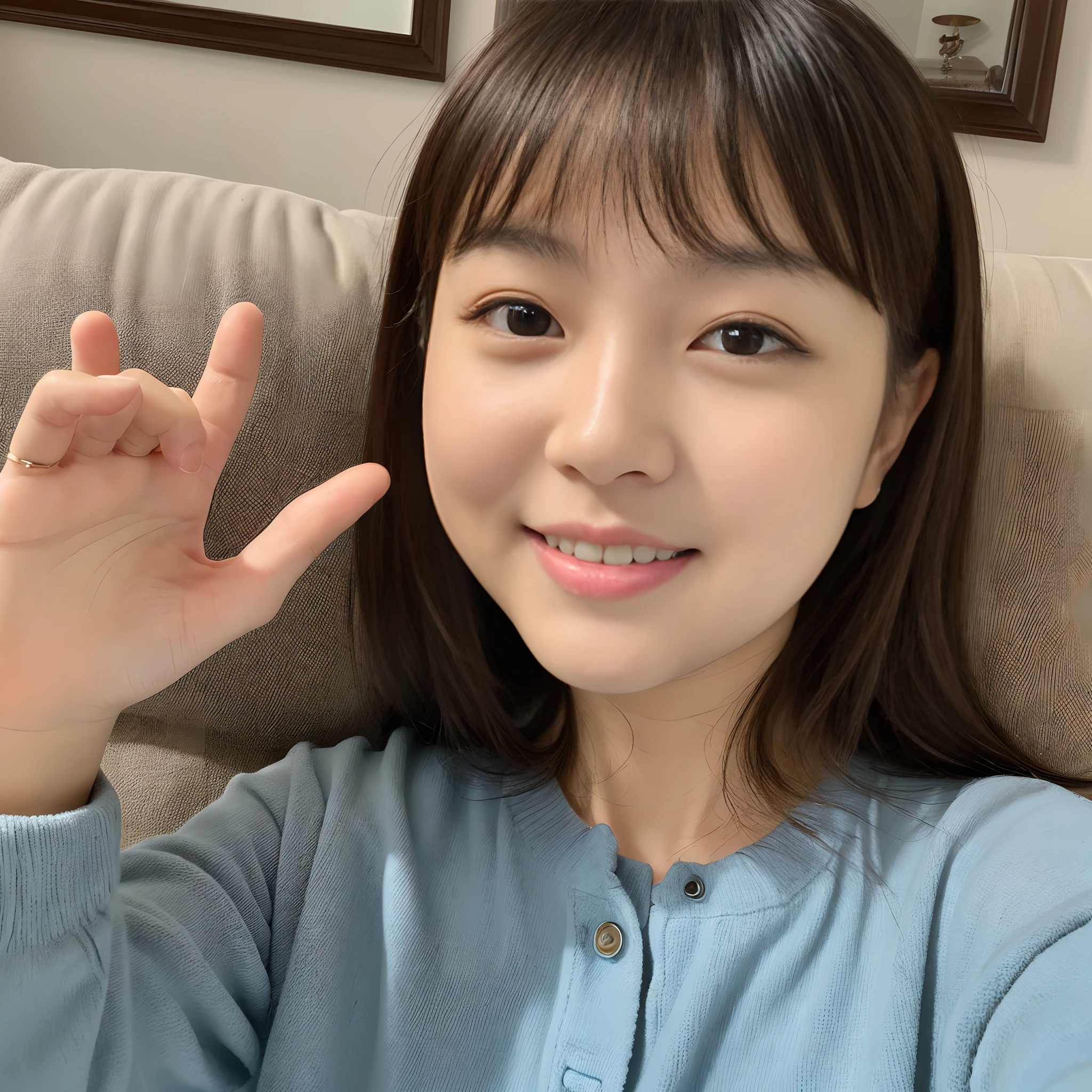 ((Raw photography、top-quality、masterpiece))、High detail RAW color、(realisitic、photorealisim:1.3)、Fat、超A high resolution、ssmile、Rough loungewear、((Selfie with one hand:1.2))、(on a couch)、Realistic face、hide one's hands、poneyTail、Small eyes、Narrow-eyed、A heavy eyelid、Narrow apartment、Selfie with one hand、Plump cheeks、aunty、with round face、Tanuki face、sexy lip、chubby、homely、Middle-aged woman