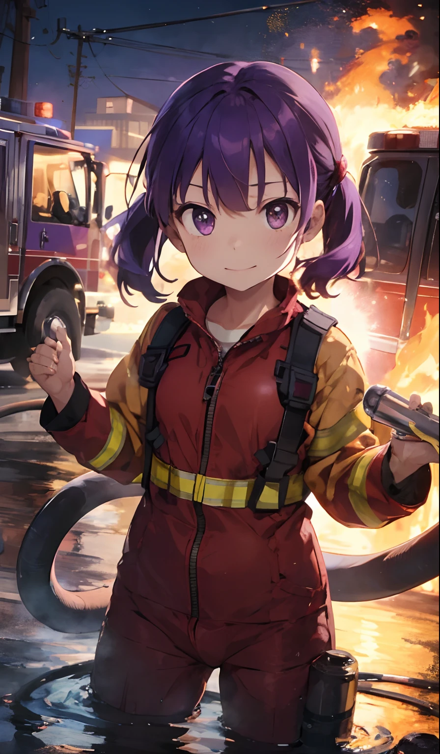Perfect picture,firefighter suit,the fire,Girl holding a water cannon hose firmly,4K picture quality, Cinematic,,{6 },{small body and chest,,}, Purple hair,cute little,toppless, Charismatic,Fighting Fire