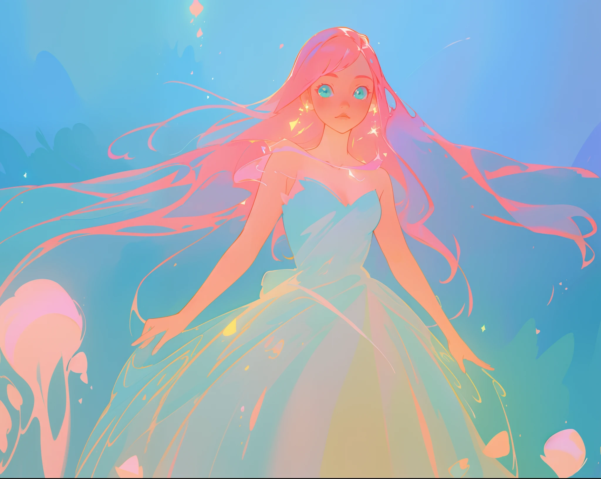 beautiful girl in sparkling white puffy dress, vibrant pastel colors, (colorful), magical lights, long flowing colorful pink hair, otherworldly aqua and blue landscape background, inspired by Glen Keane, inspired by Lois van Baarle, disney art style, by Lois van Baarle, glowing aura around her, by Glen Keane, jen bartel, glowing lights! digital painting, flowing glowing hair, glowing flowing hair, beautiful digital illustration, fantasia background, whimsical, magical, fantasy, beautiful face, ((masterpiece, best quality)), intricate details, highly detailed, sharp focus, 8k resolution, sparkling detailed eyes, liquid watercolor