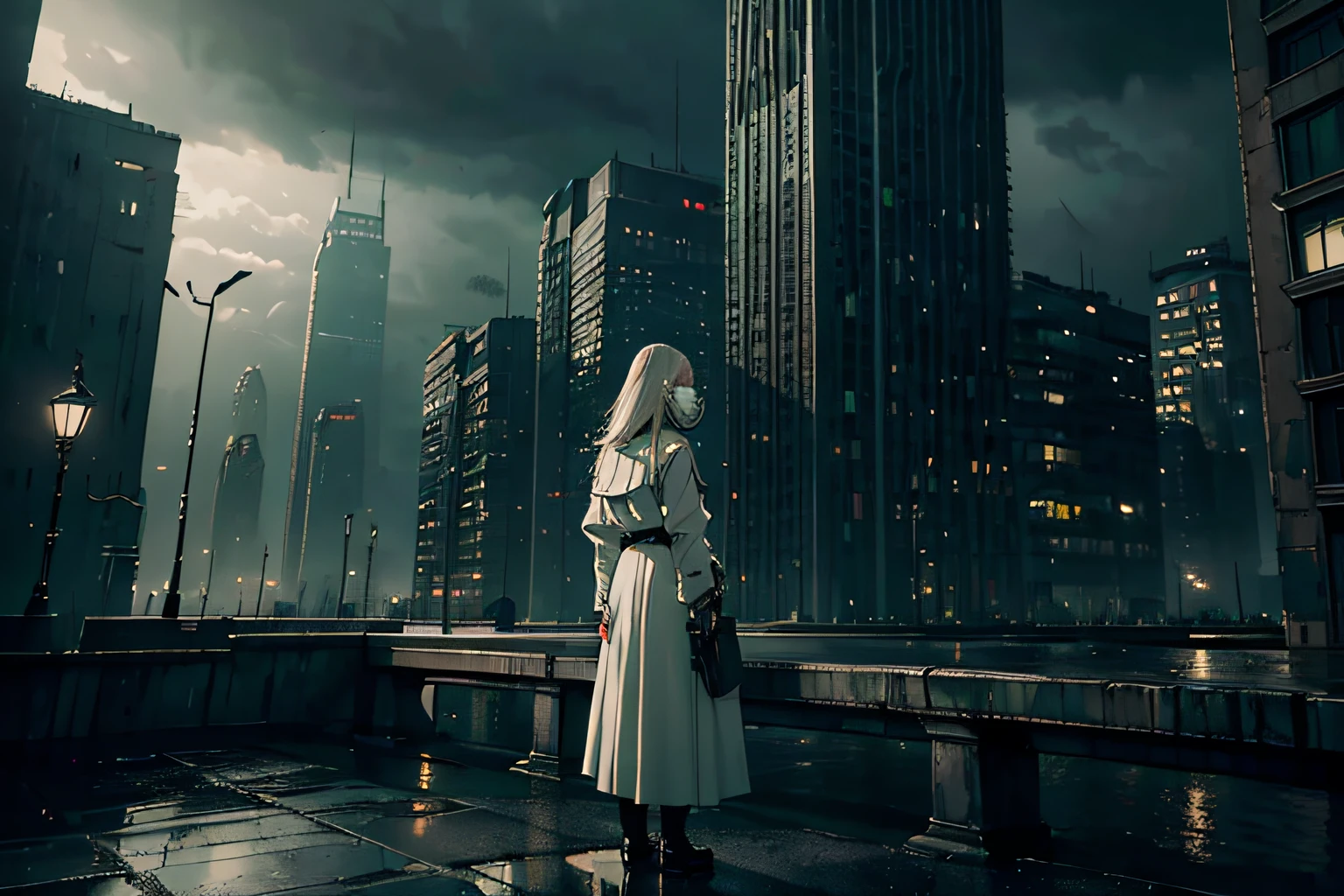 ((Masterpiece, Highest quality, detailed landscape)), (white stone full mask), Dark dystopian art, hopeless gloomy green steel lights, dark urban cityscape, high buildings, gloomy sky, dark sky, dystopian girl, closed clothes, white gloves, pale blazer, grey shirt, khaki pants, closed hopeless military clothing, atmosphere of loneliness