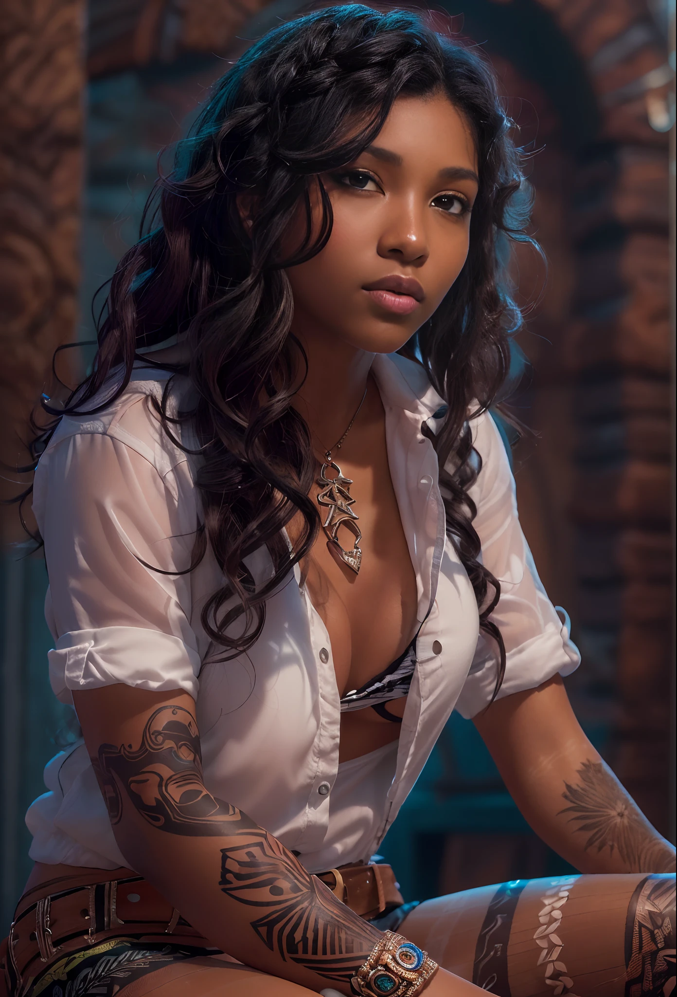 ((21-year-old))) black girl, (((light skin))), (((close-up full body pose))), (((long curly black hair))), (((patterned pantyhose with skimpy shorts))), (((wearing daisy-duke shorts, white shirt, unbuttoned half way, cowboy boots))), lara croft scenes, mayan tribal tattoos, dark fantasy art, Rich, Deep Colours, (intricate details:0.9), (HDR, hyper-detailing:1.2), (natural skin textures, hyper realisitc, glistening skin, soft light, Sharp),