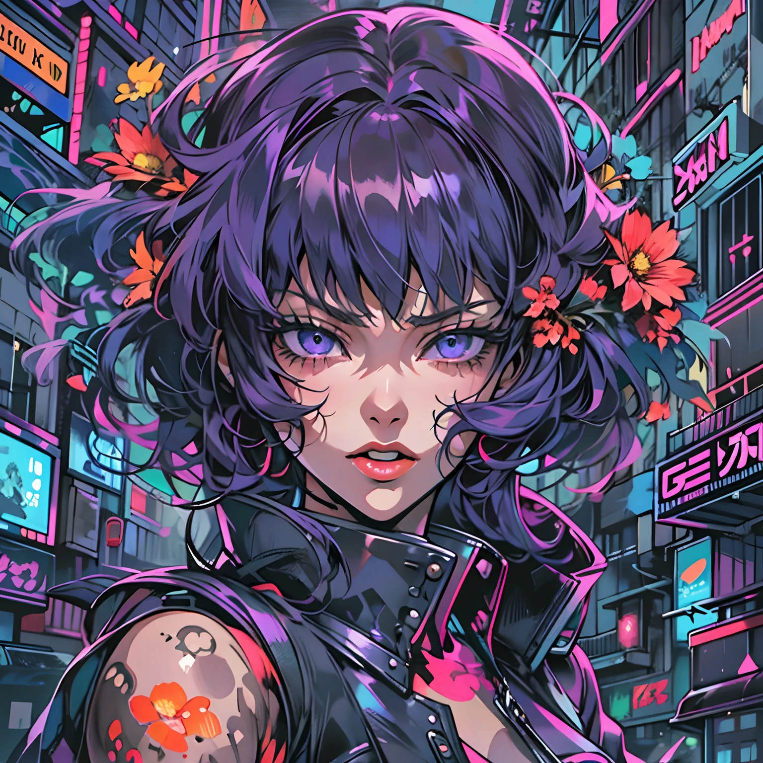 Create digital artwork in the ergo proxy Art style, Featuring a cheeky and confident woman with purple hair and straight bangs, street fashion, Movie color scheme, Surrounded by vintage 80's dark neon motifs, Vibrant brush strokes, Emotions should be dynamic, Upper body, Drawing, illustration, escala cinza, mechanical, cyberpunk, Many flowers,
