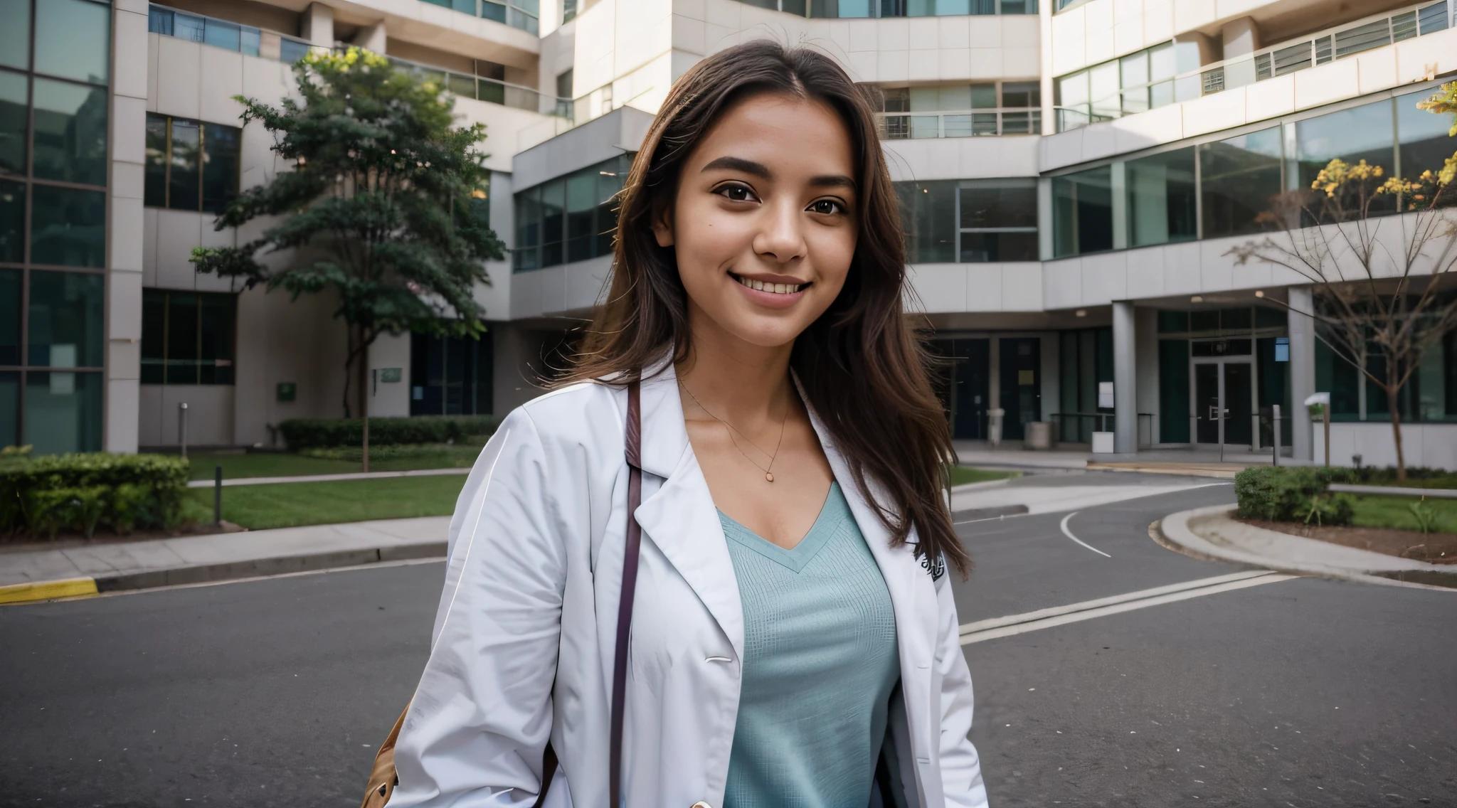 Gerar uma imagem de uma estudante de medicina brasileira caminhando pelo campus limpo e moderno da faculdade de medicina da universidade. She's wearing a white coat over her medical scrubs, Carrying a stethoscope around your neck, e tem um brilho, sorriso confiante no rosto. the sun is shining, Creating a pleasant and welcoming environment on campus. The buildings and surroundings are immaculate;, with a sense of order and organization befitting a prestigious medical institution. Capture o senso de otimismo e profissionalismo enquanto ela percorre o campus.