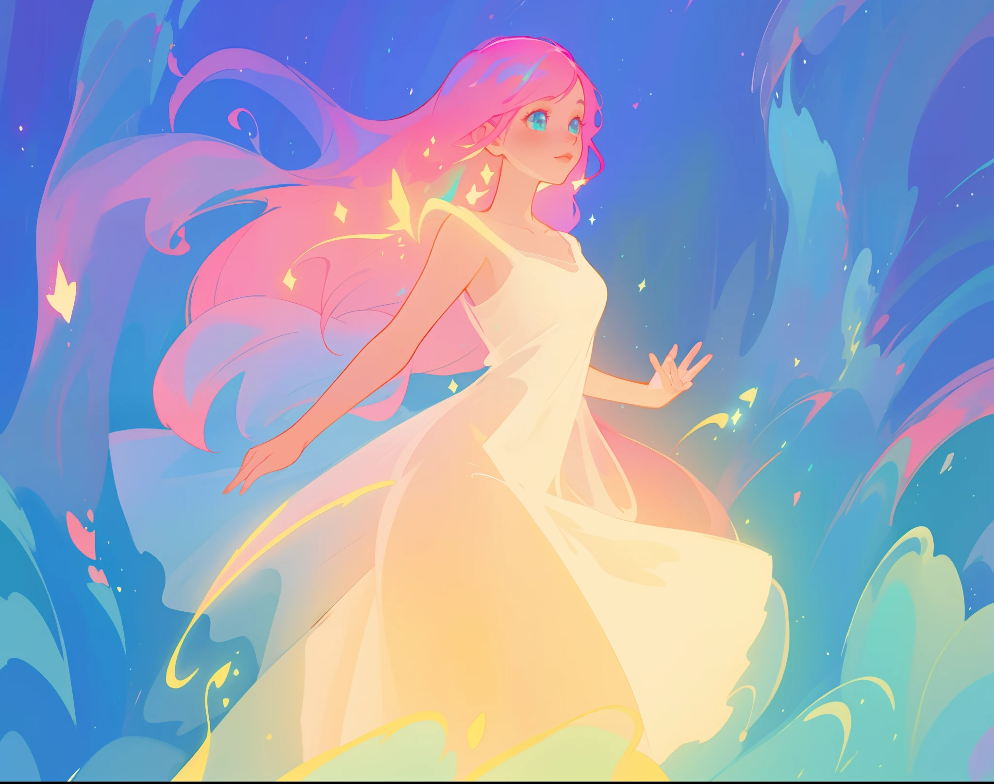 beautiful girl in flowing white dress, vibrant pastel colors, (colorful), magical lights, long flowing colorful pink hair, otherworldly aqua and blue otherworldly landscape background, inspired by Glen Keane, inspired by Lois van Baarle, disney art style, by Lois van Baarle, glowing aura around her, by Glen Keane, jen bartel, glowing lights! digital painting, flowing glowing hair, glowing flowing hair, beautiful digital illustration, fantasia background, whimsical, magical, fantasy, beautiful face, ((masterpiece, best quality)), intricate details, highly detailed, sharp focus, 8k resolution, sparkling detailed eyes, liquid watercolor
