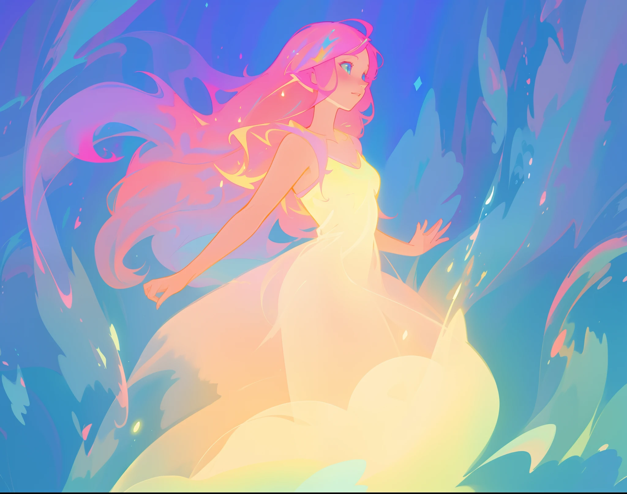 beautiful girl in flowing white dress, vibrant pastel colors, (colorful), magical lights, long flowing colorful pink hair, otherworldly aqua and blue otherworldly landscape background, inspired by Glen Keane, inspired by Lois van Baarle, disney art style, by Lois van Baarle, glowing aura around her, by Glen Keane, jen bartel, glowing lights! digital painting, flowing glowing hair, glowing flowing hair, beautiful digital illustration, fantasia background, whimsical, magical, fantasy, beautiful face, ((masterpiece, best quality)), intricate details, highly detailed, sharp focus, 8k resolution, sparkling detailed eyes, liquid watercolor