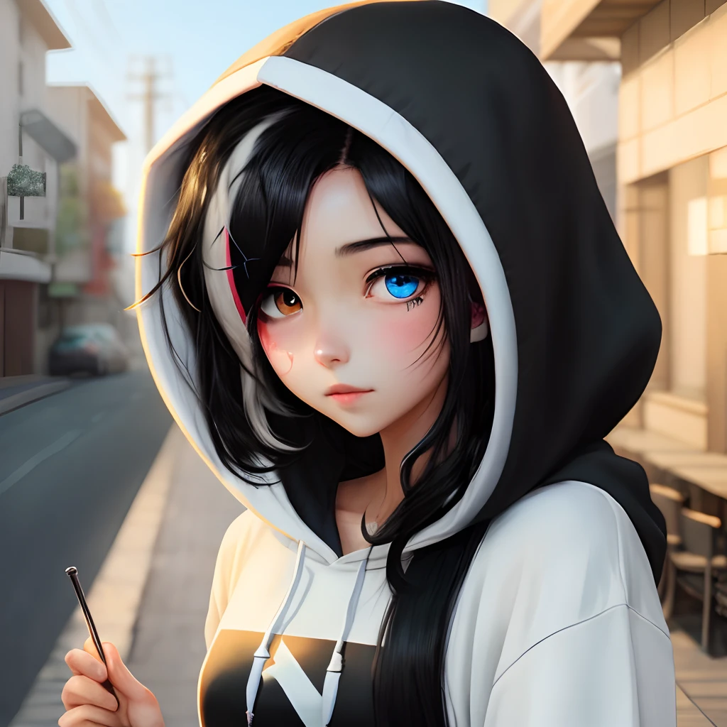 Anime girl with black hair and a white streak in her hair. One eye blue one eye white. She is shy and wears a big hoodie