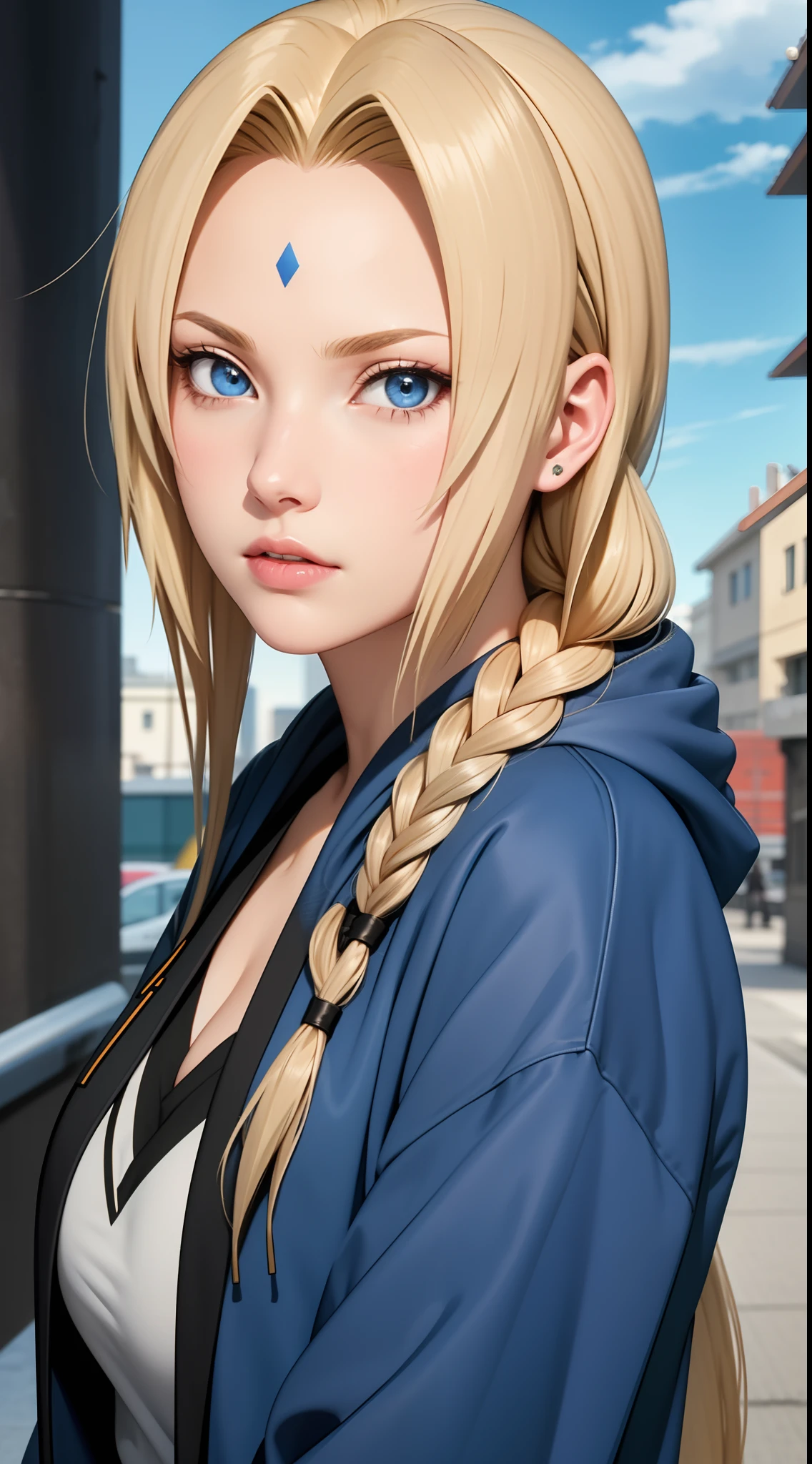 masterpiece, best quality, ultra-detailed, 1girl, upper body,
long hair, blonde hair, french braid, blue eyes, blunt bangs,
Wearing Streetwear Hoodie, stylish,
medium breast, cool attitude
looking at viewer, Tsunade \(shippuden\)
