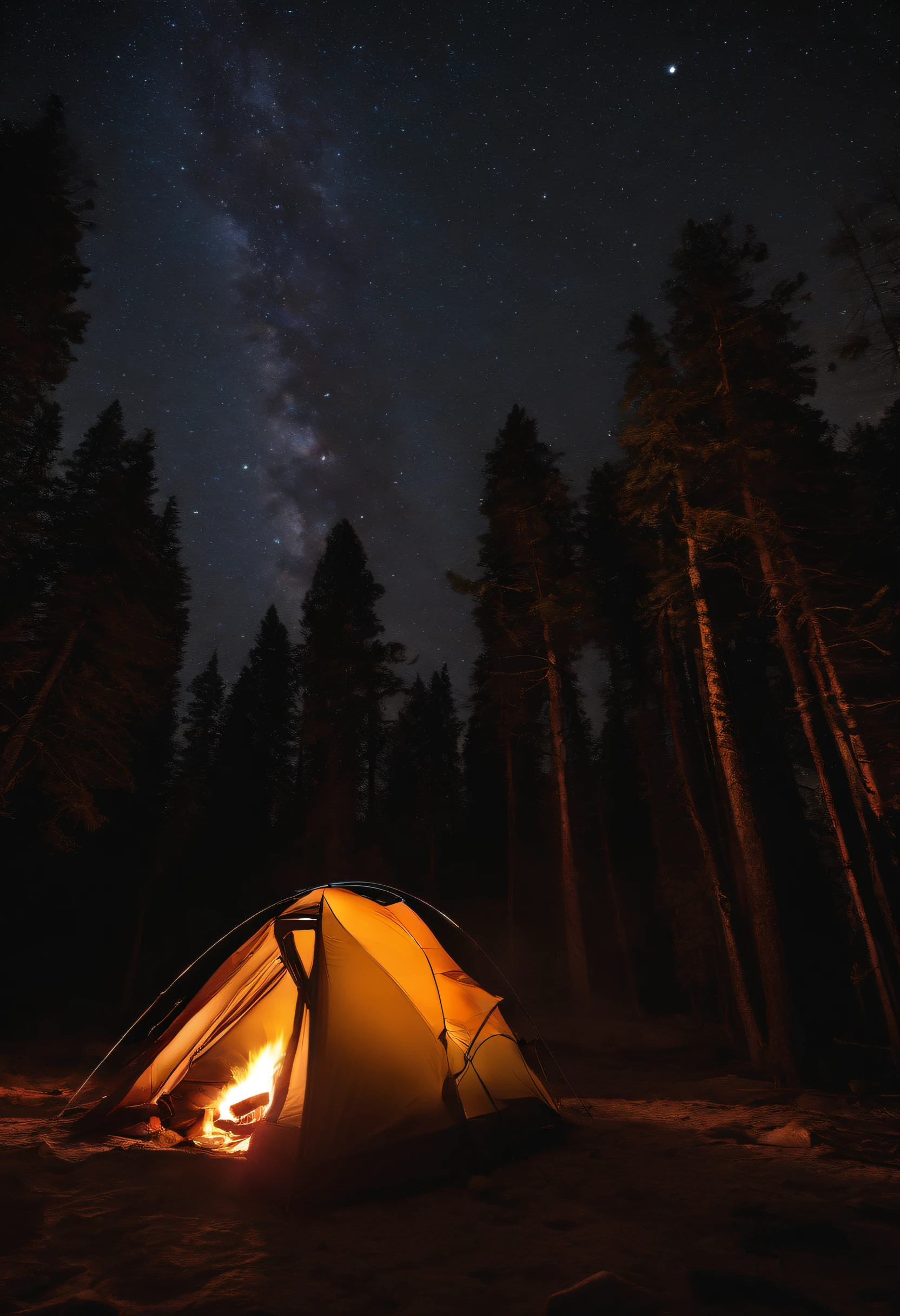 Tent, camping, stars, beautiful galaxy sky, camp fire roaring with gear laying outside of tent, high definition image