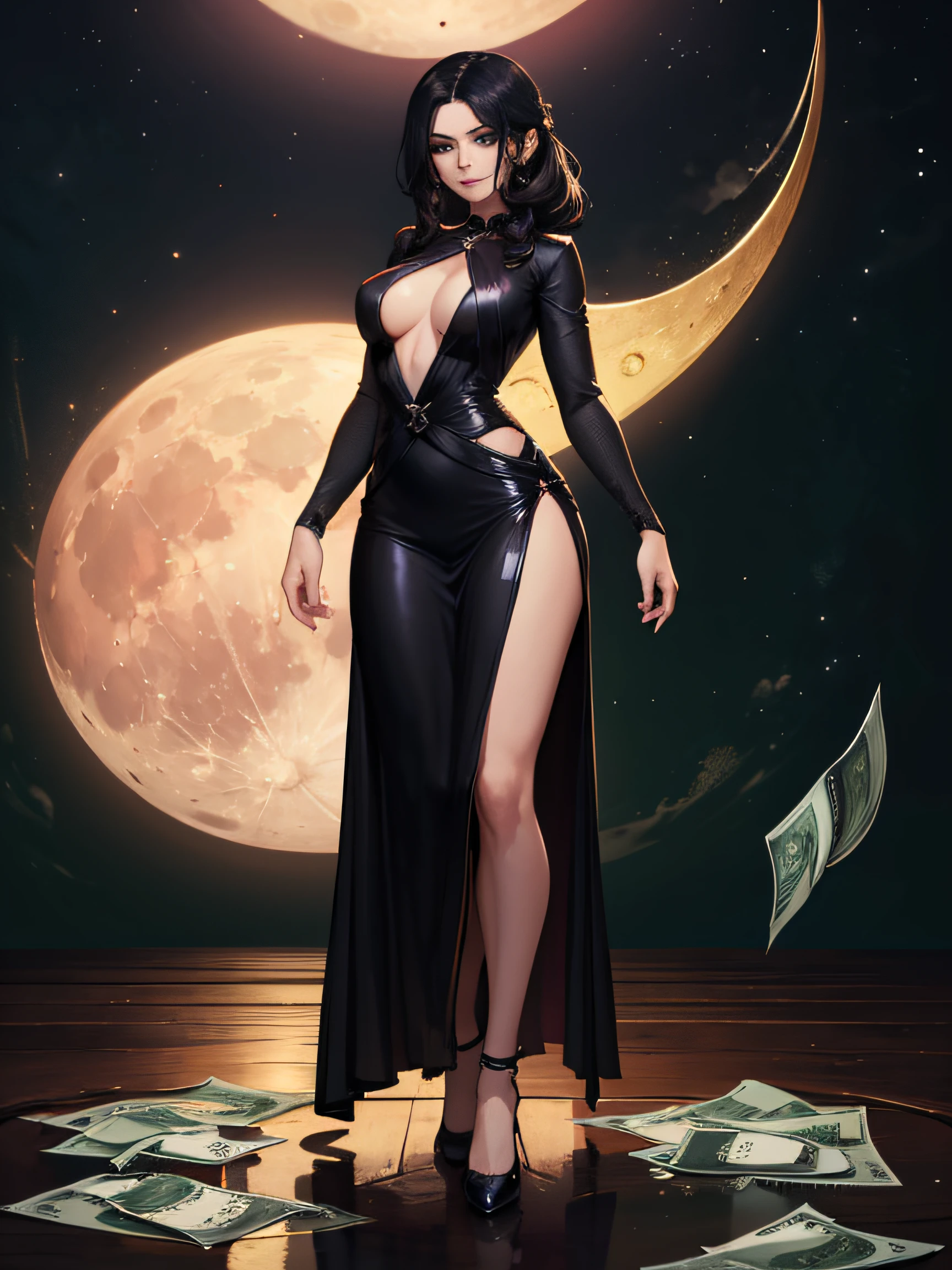 magnificent woman, purple and black evening long sleeves dress, illustration, full body image, detailed beautiful face, sexy look, smiling seductively, green eyes, black hair, background floating money (dollars), in the background to the right of the woman is a chest with gold on which the green moon shines in the dark background.